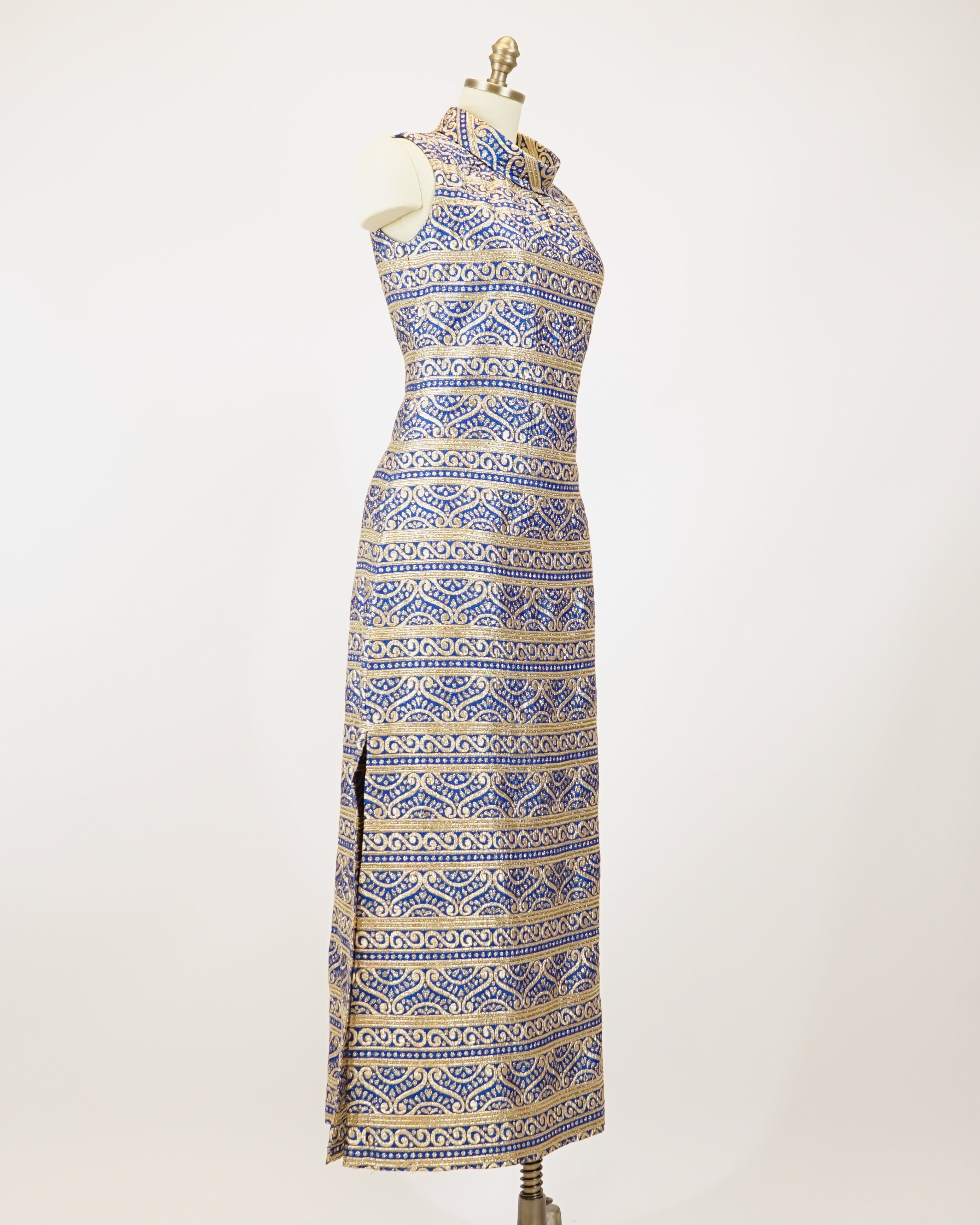 1960s Iconic Blue & Gold Faux Cheongsam Maxi