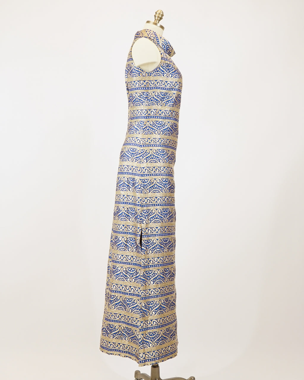 1960s Iconic Blue & Gold Faux Cheongsam Maxi