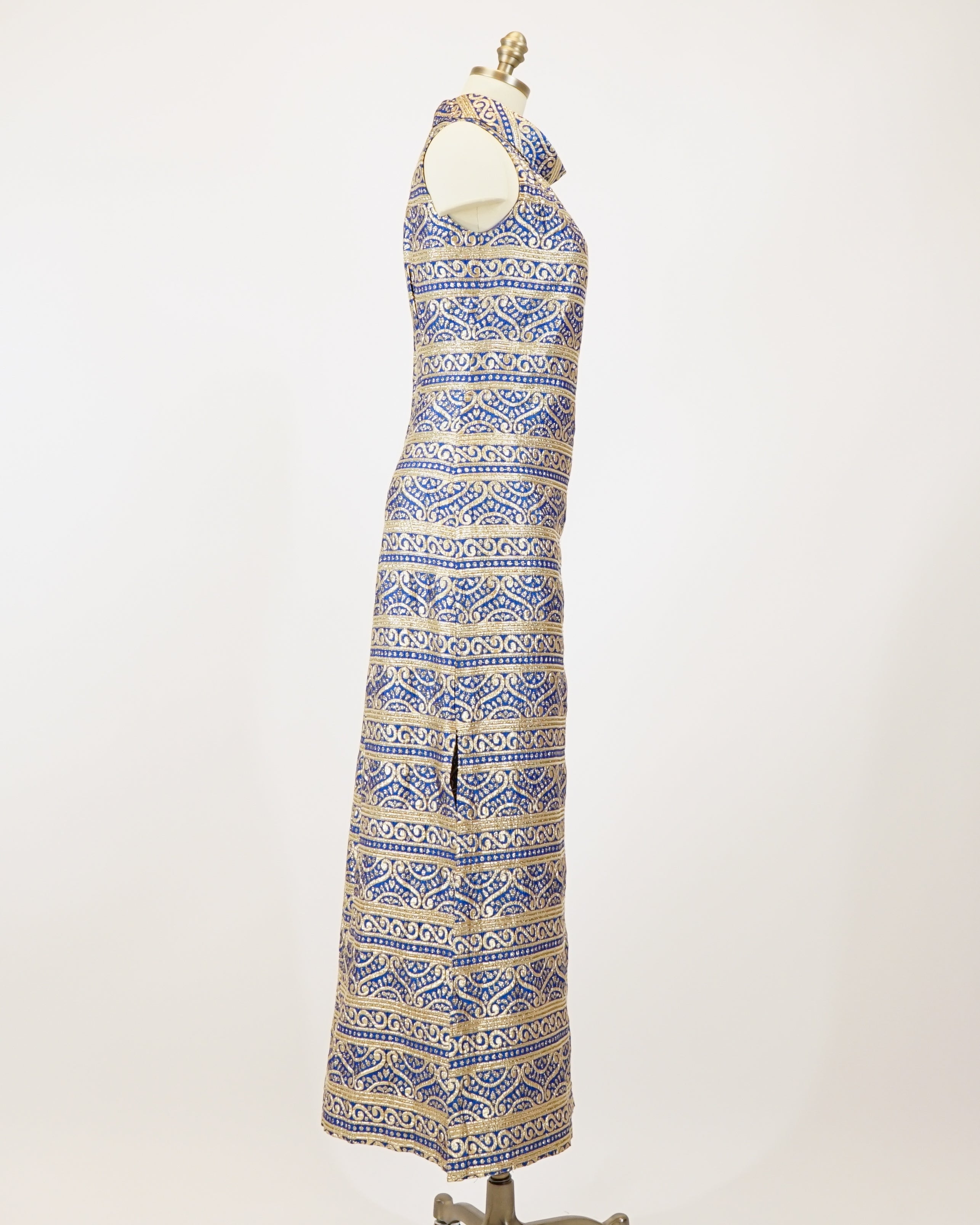 1960s Iconic Blue & Gold Faux Cheongsam Maxi