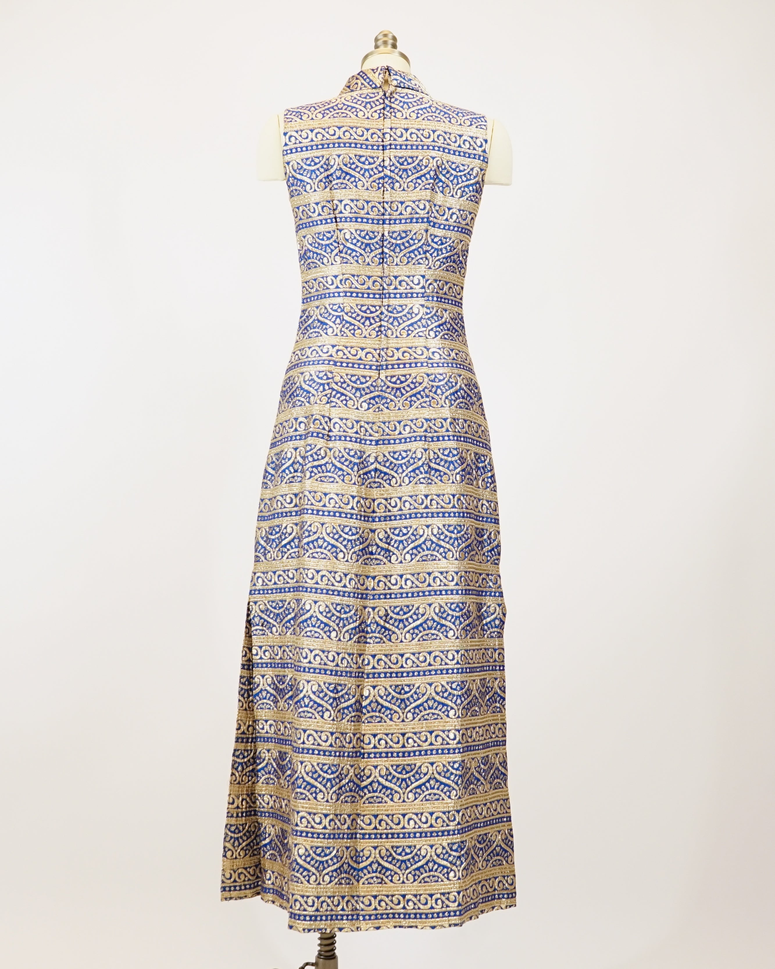 1960s Iconic Blue & Gold Faux Cheongsam Maxi