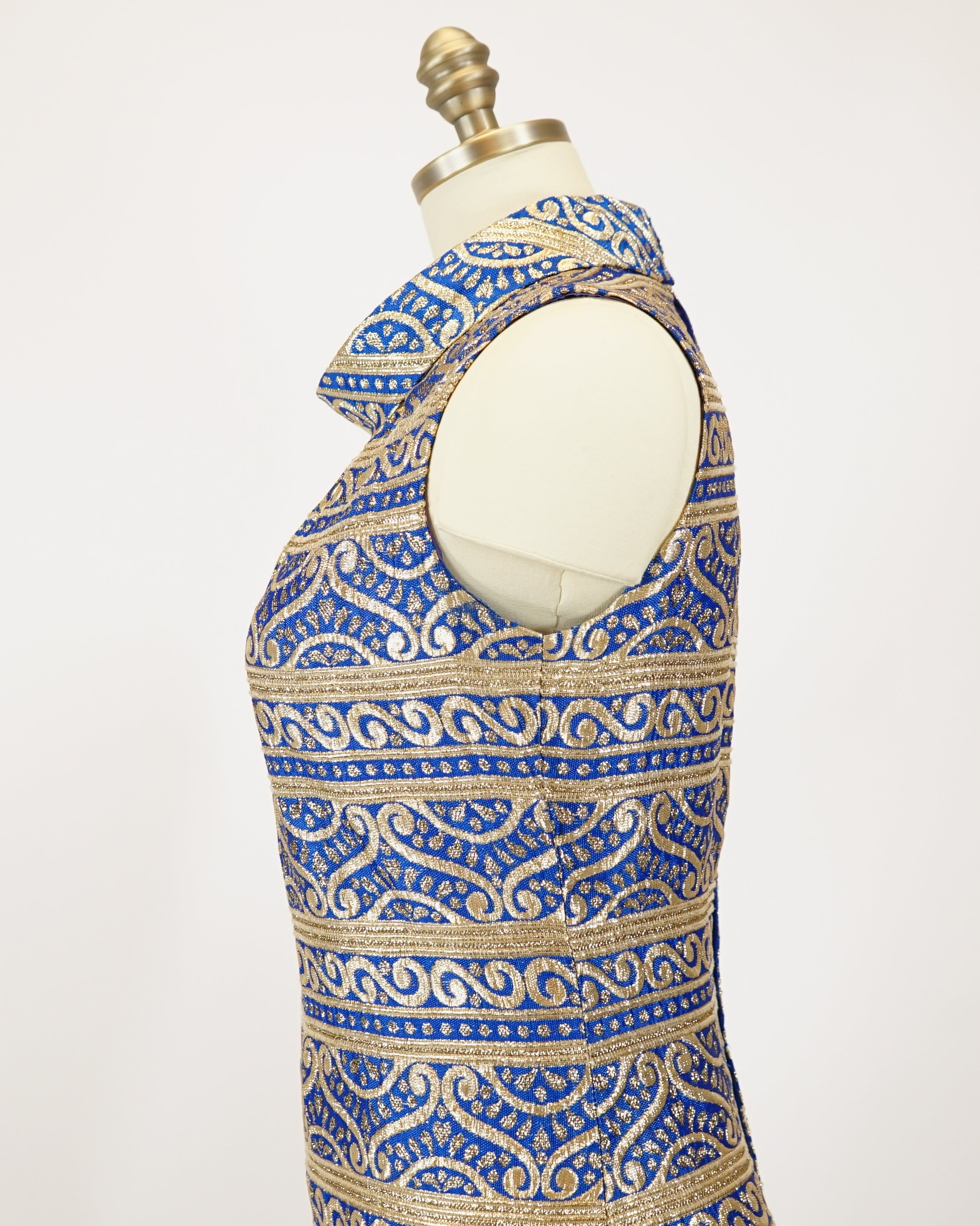 1960s Iconic Blue & Gold Faux Cheongsam Maxi