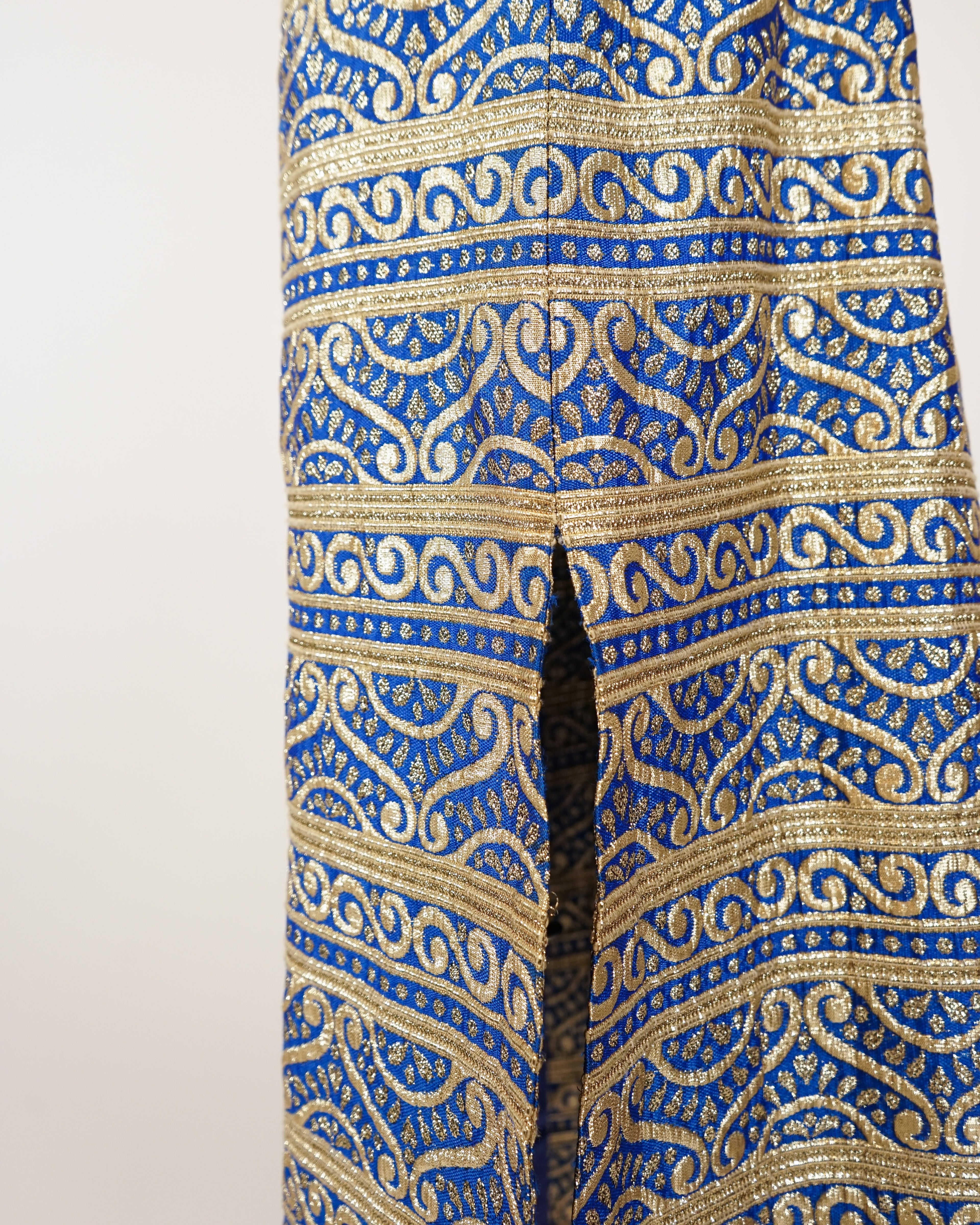 1960s Iconic Blue & Gold Faux Cheongsam Maxi