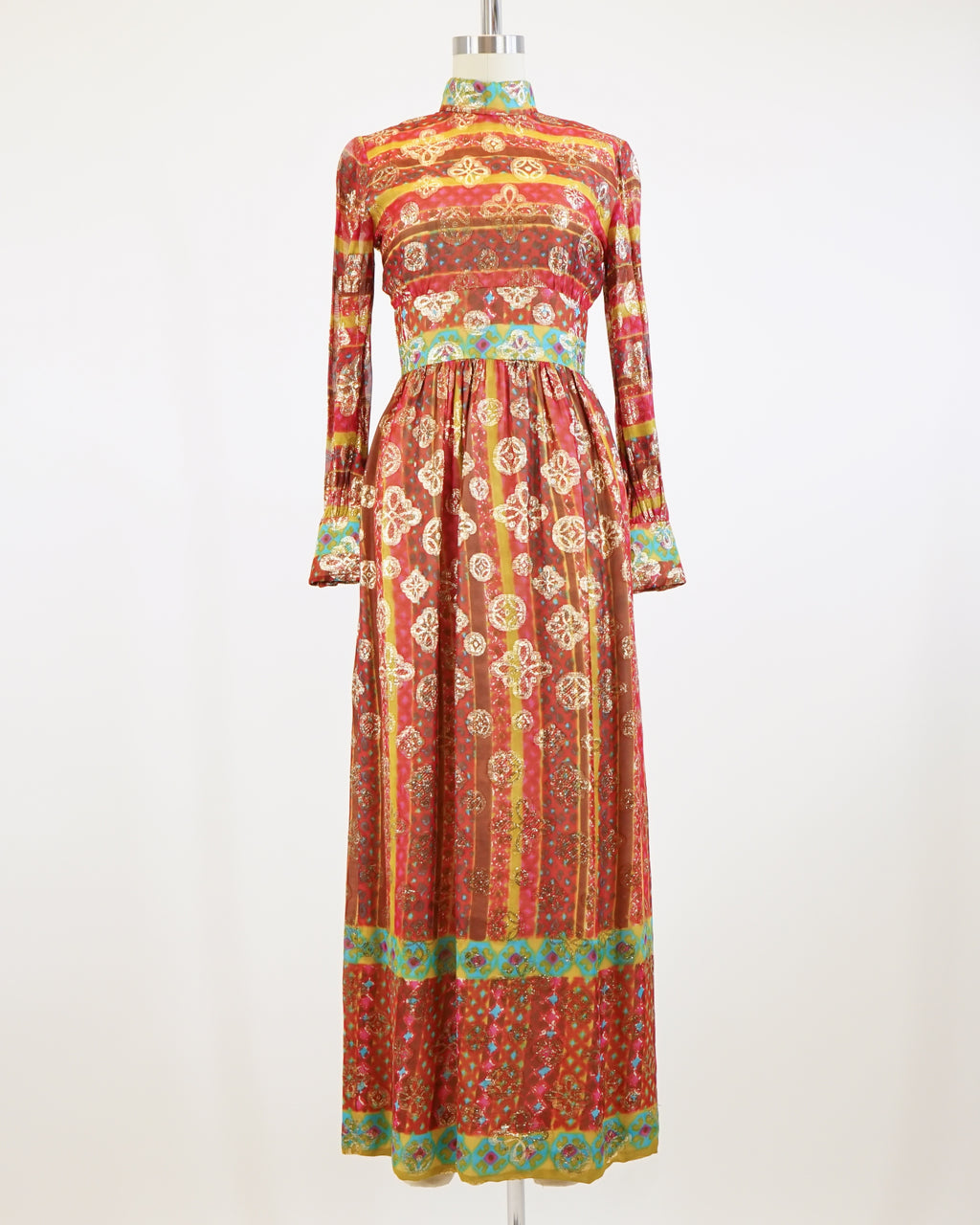 60s Maroon Jacquard Organza Gold Lamé Medallion Dress