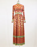 60s Maroon Jacquard Organza Gold Lamé Medallion Dress