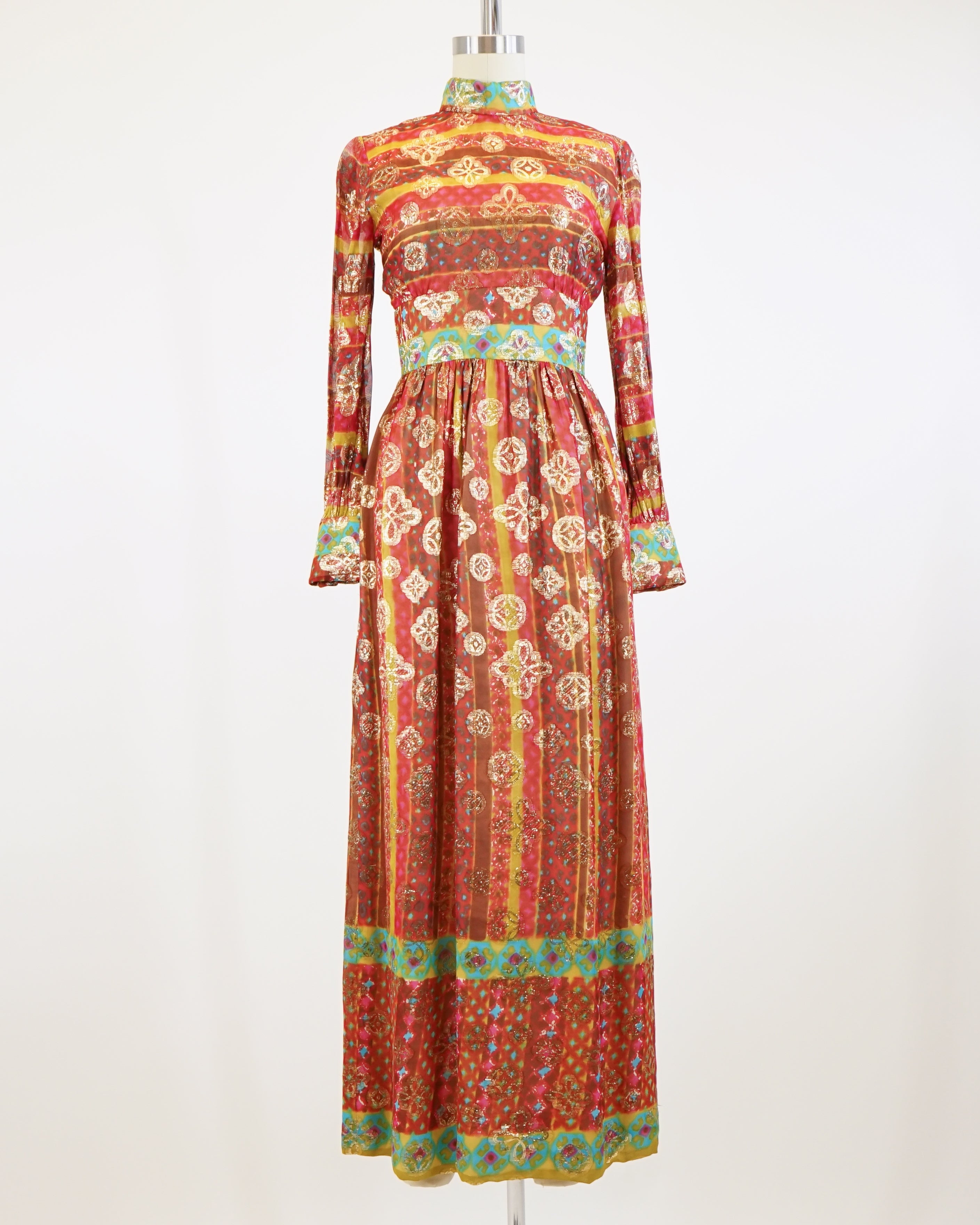 60s Maroon Jacquard Organza Gold Lamé Medallion Dress