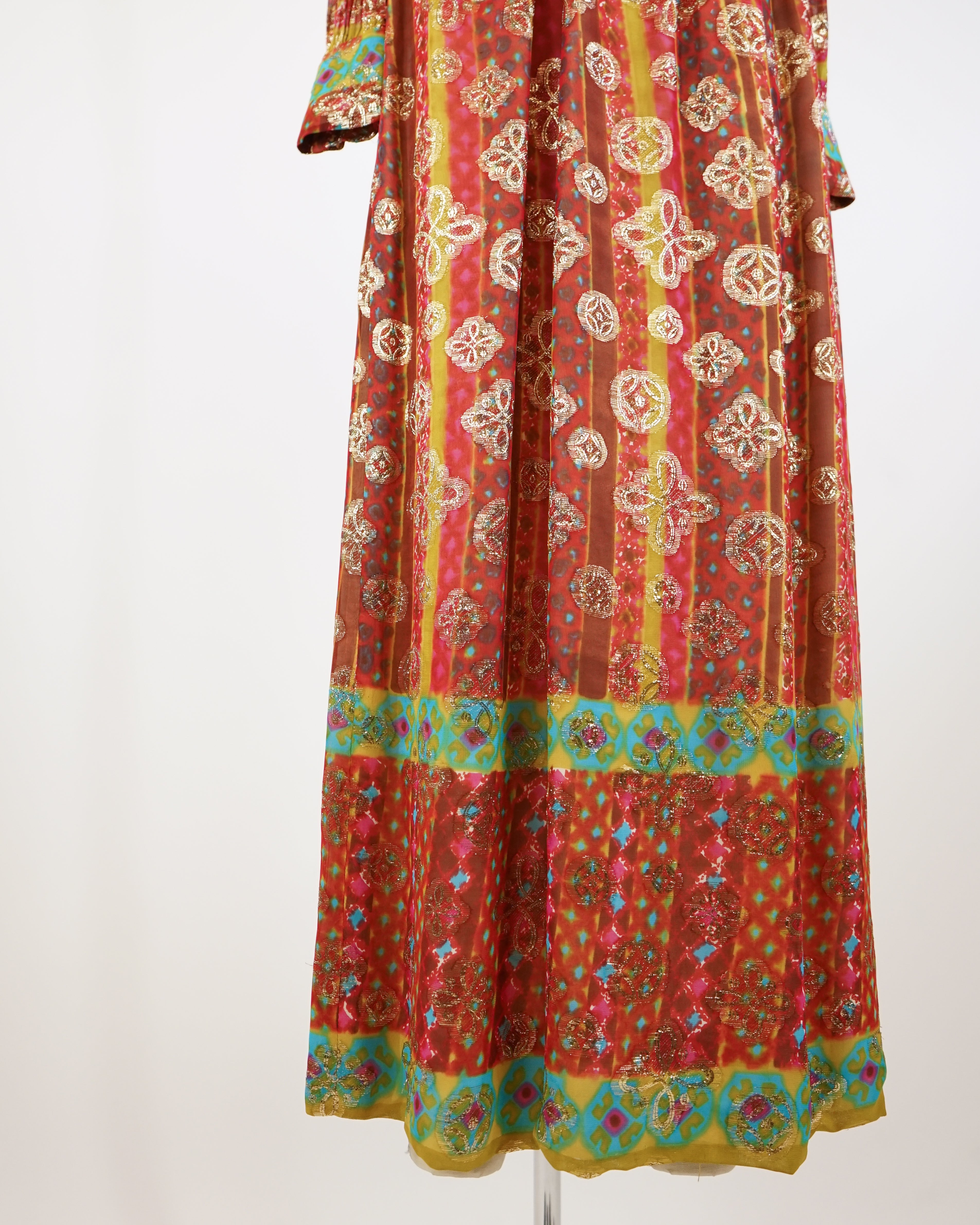 60s Maroon Jacquard Organza Gold Lamé Medallion Dress