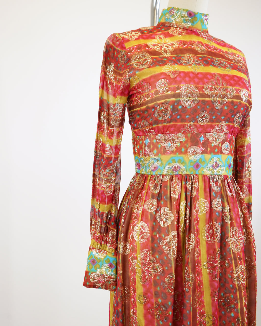 60s Maroon Jacquard Organza Gold Lamé Medallion Dress