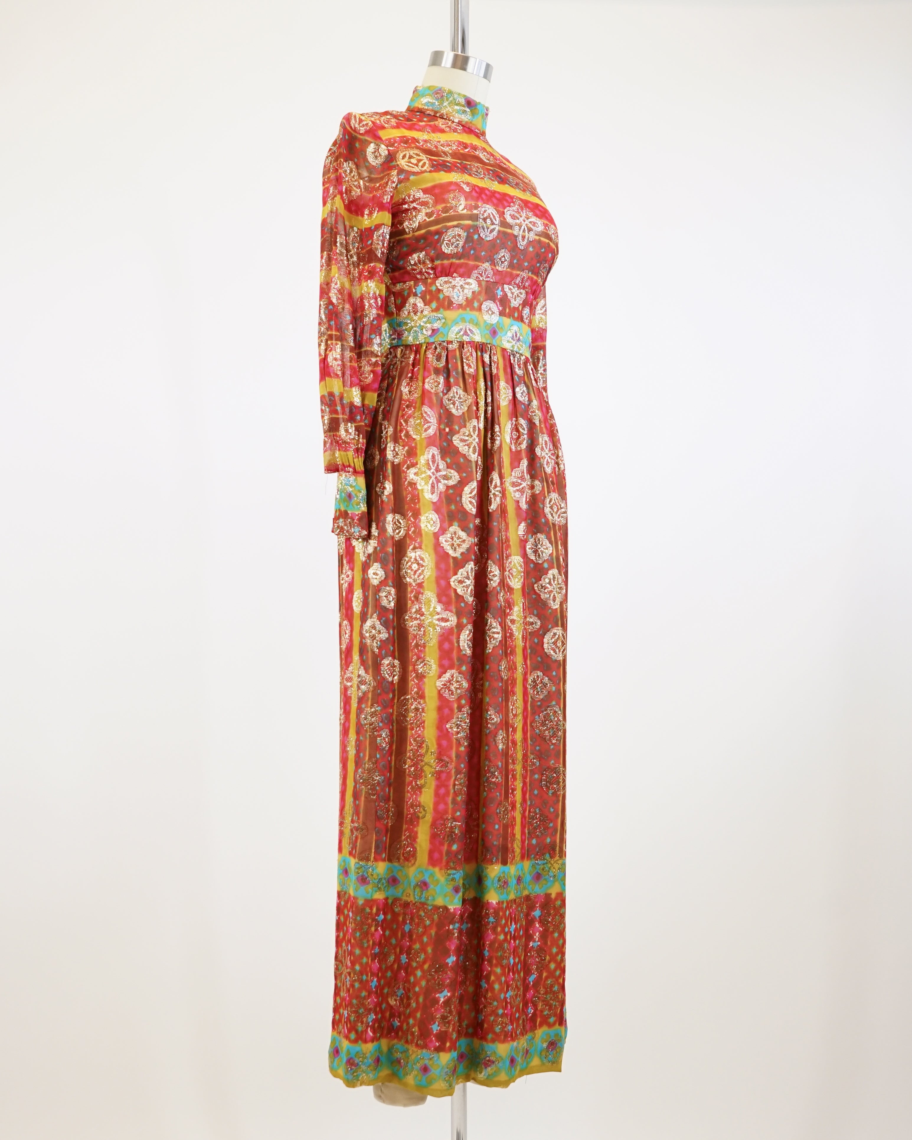 60s Maroon Jacquard Organza Gold Lam Medallion Dress 60s Maroon Jacquard Organza Gold Lam Medallion Dress