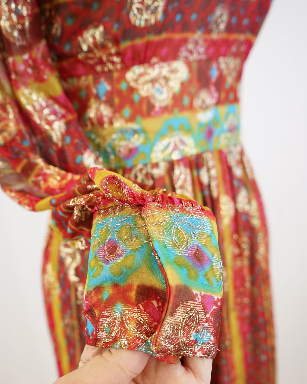 60s Maroon Jacquard Organza Gold Lamé Medallion Dress