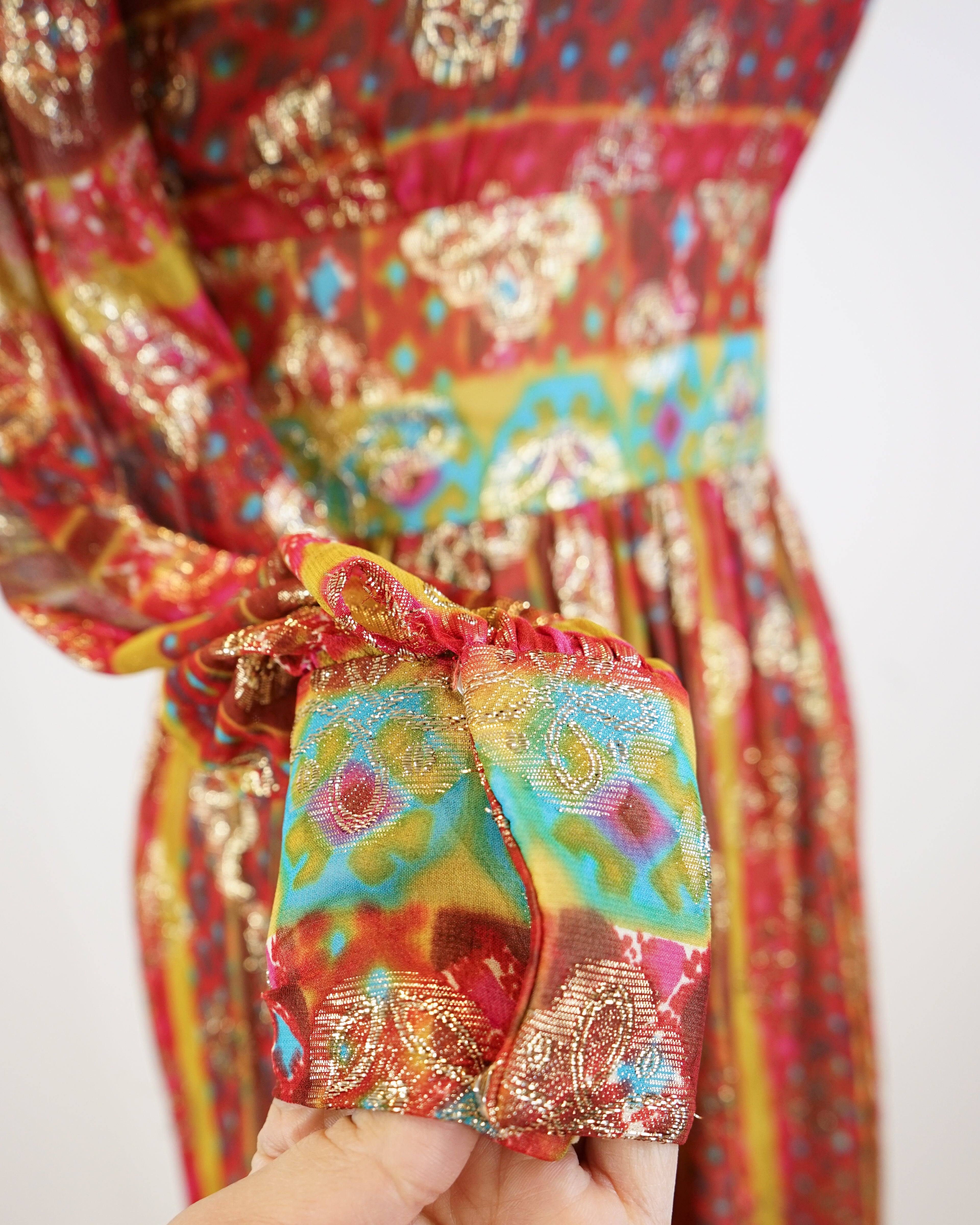 60s Maroon Jacquard Organza Gold Lamé Medallion Dress