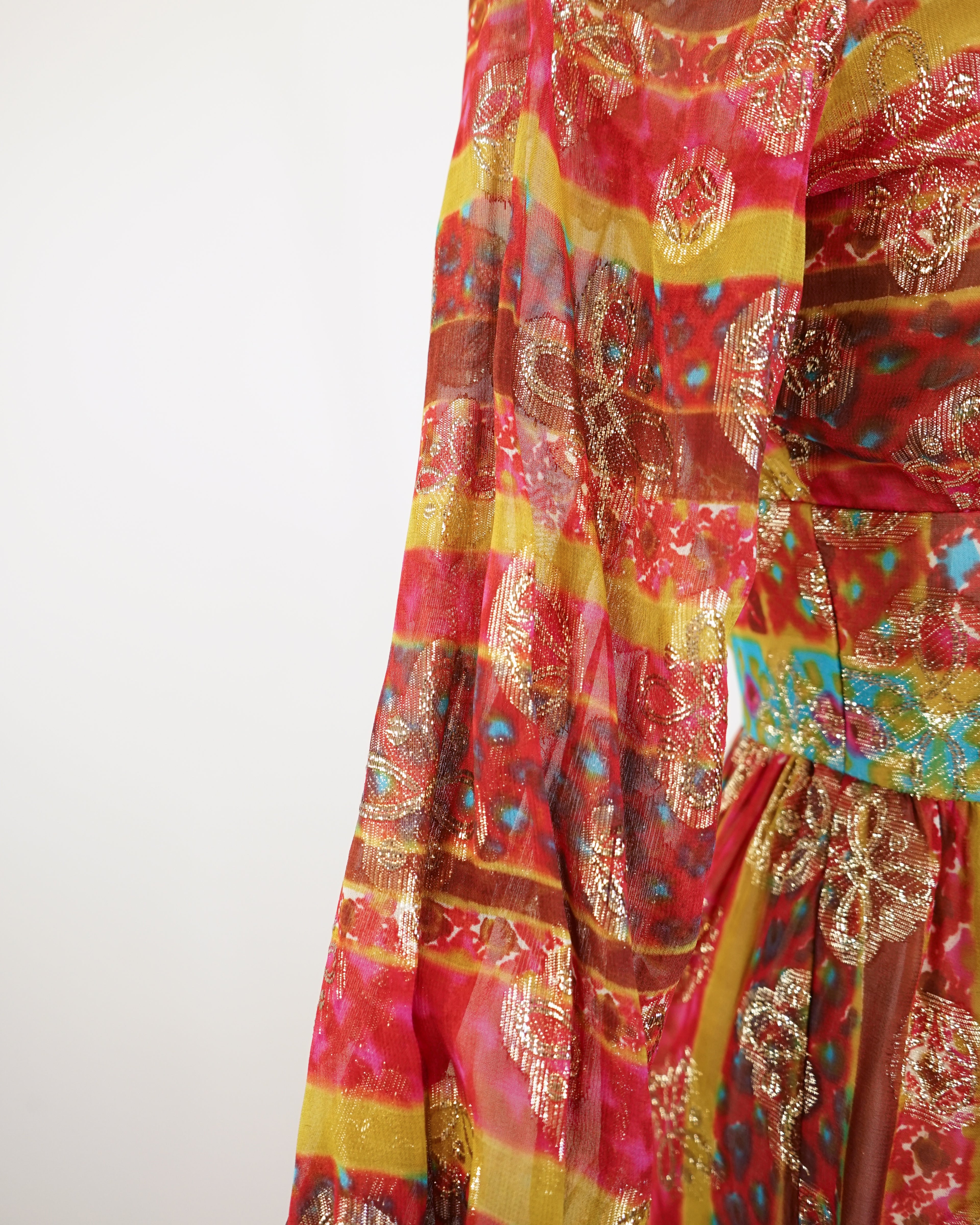 60s Maroon Jacquard Organza Gold Lamé Medallion Dress