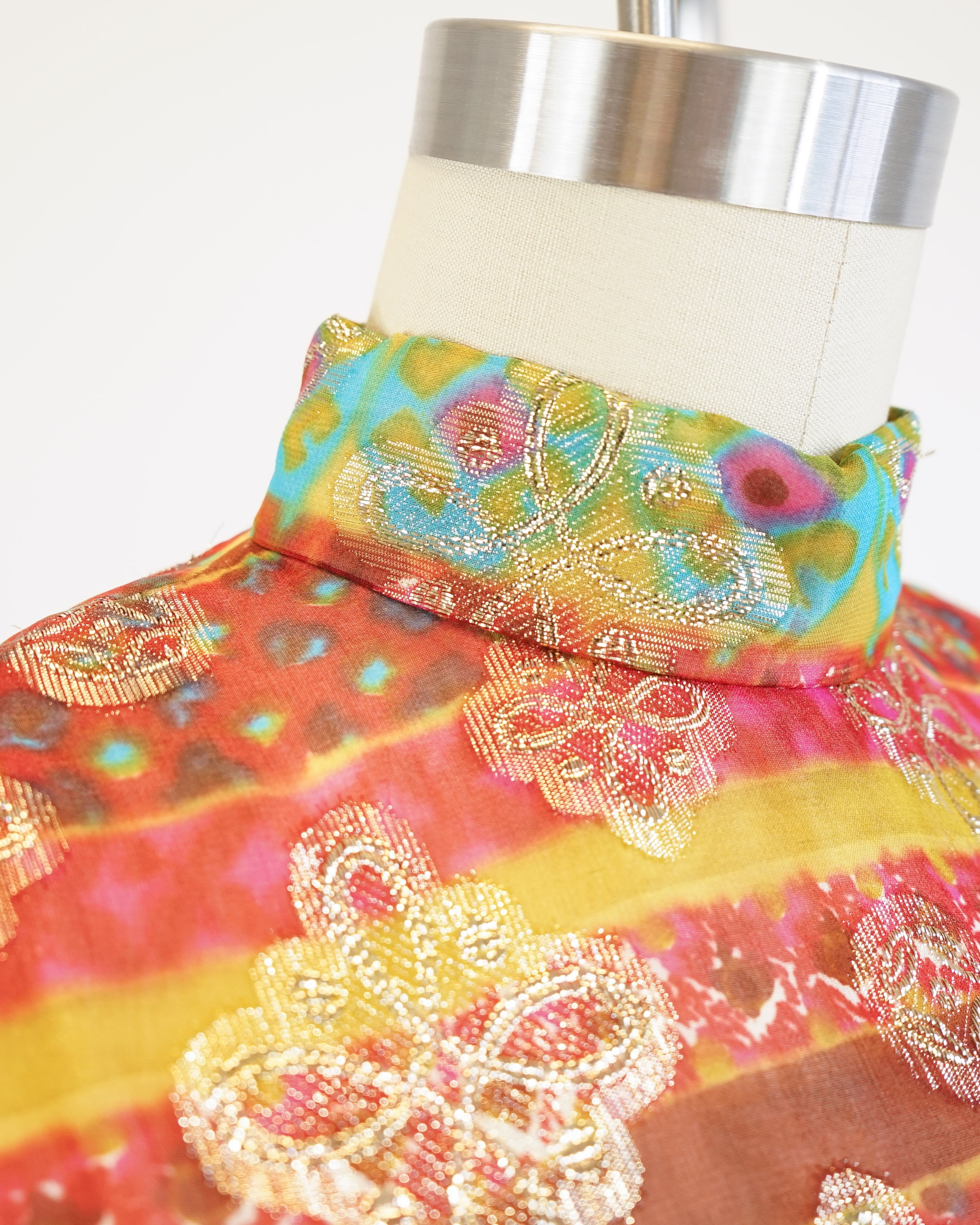 60s Maroon Jacquard Organza Gold Lamé Medallion Dress