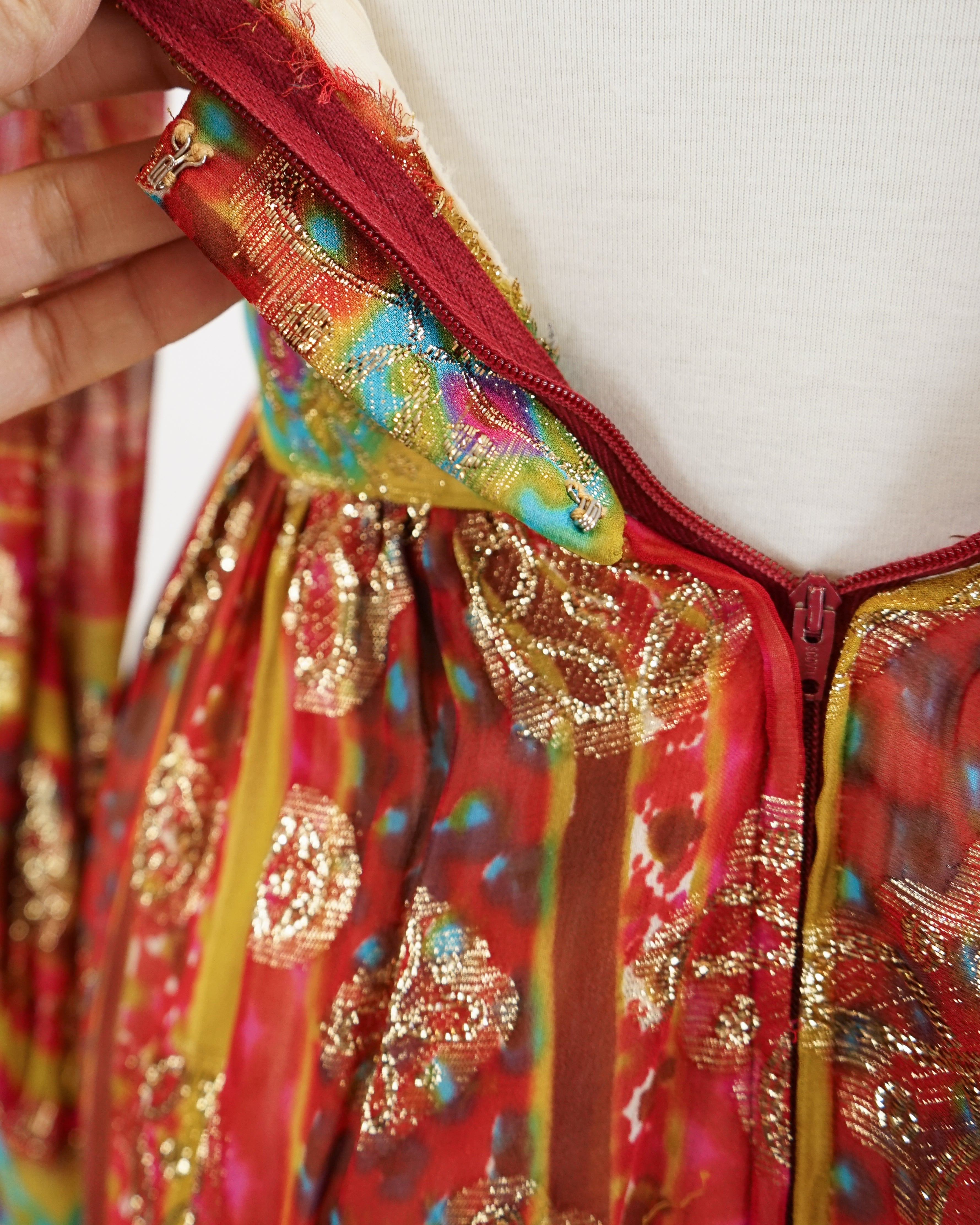 60s Maroon Jacquard Organza Gold Lamé Medallion Dress