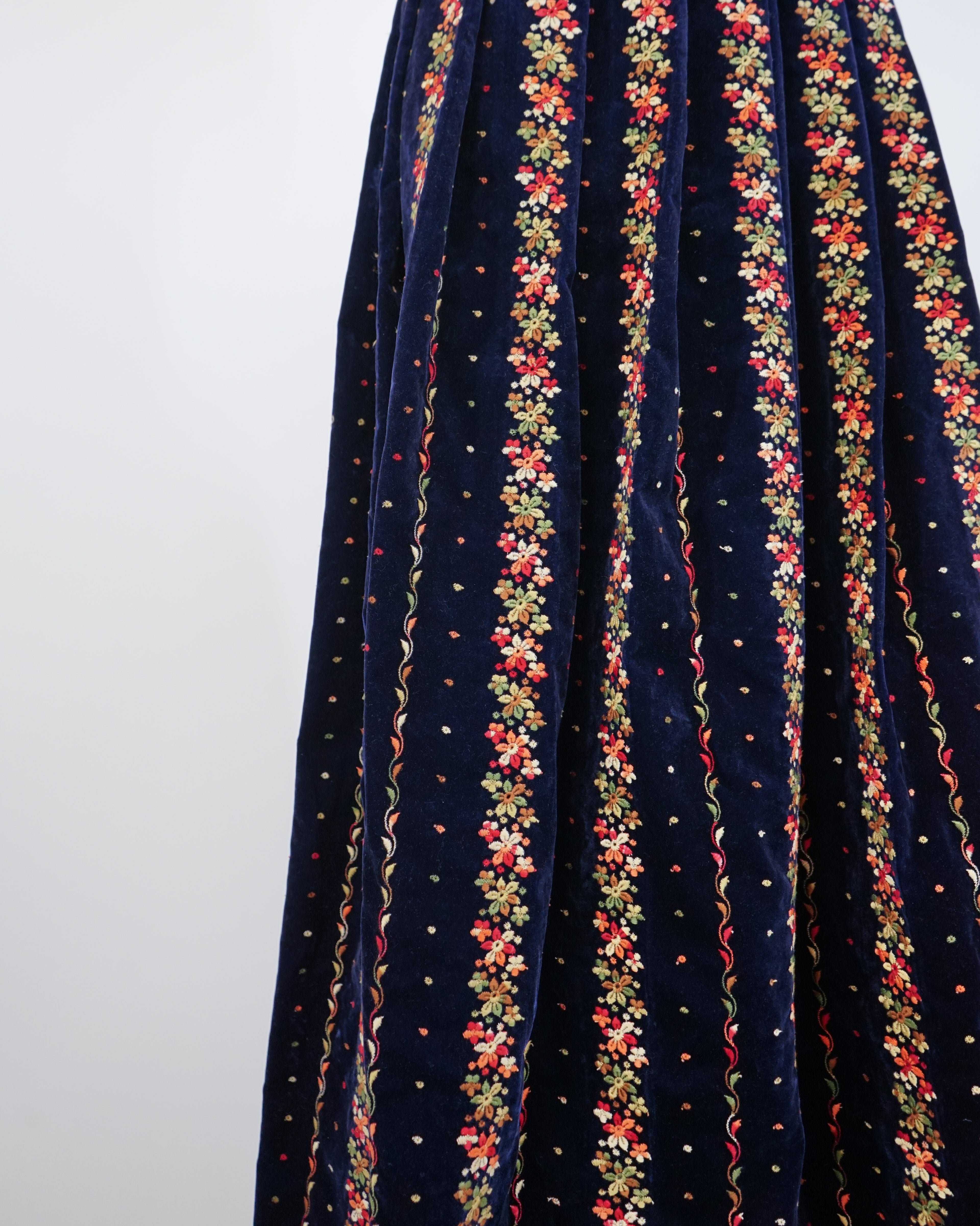 1970s Velvet Floral Embroidered Eyelet Skirt