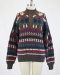 90s Hand Knit Gray Red Green Henley Sweater
