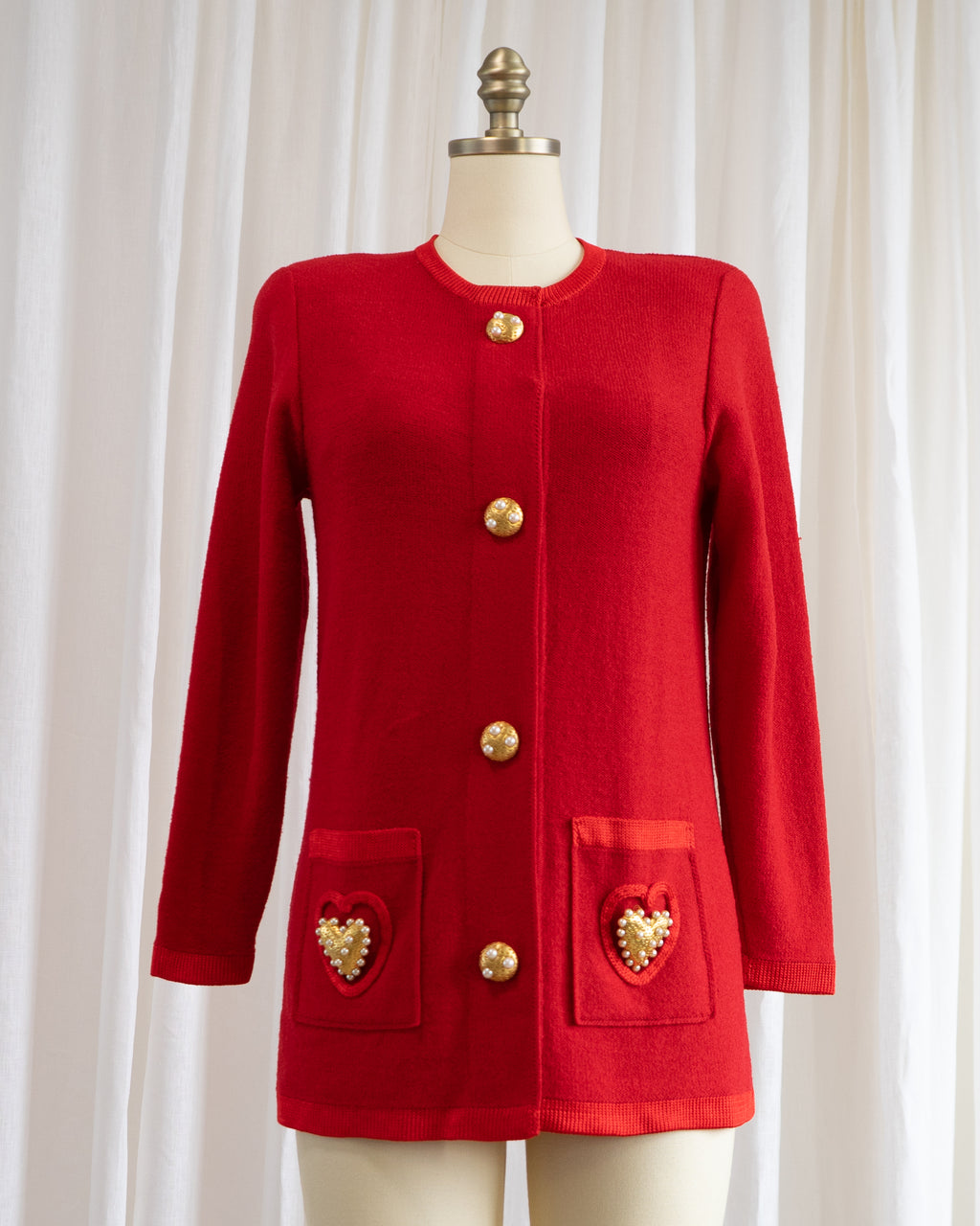 1980s Red Cardigan with Large Gold & Pearl Heart Buttons