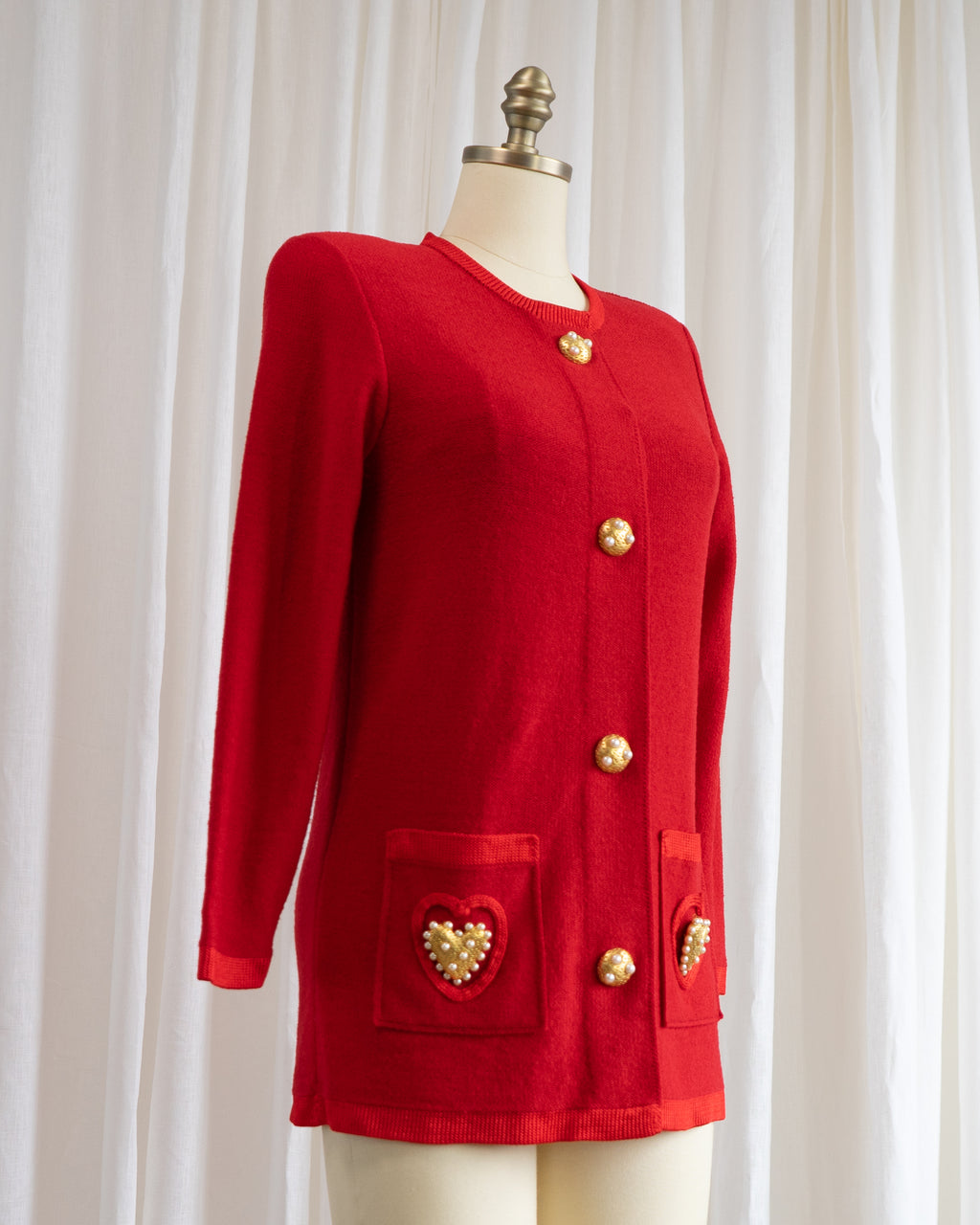 1980s Red Cardigan with Large Gold & Pearl Heart Buttons
