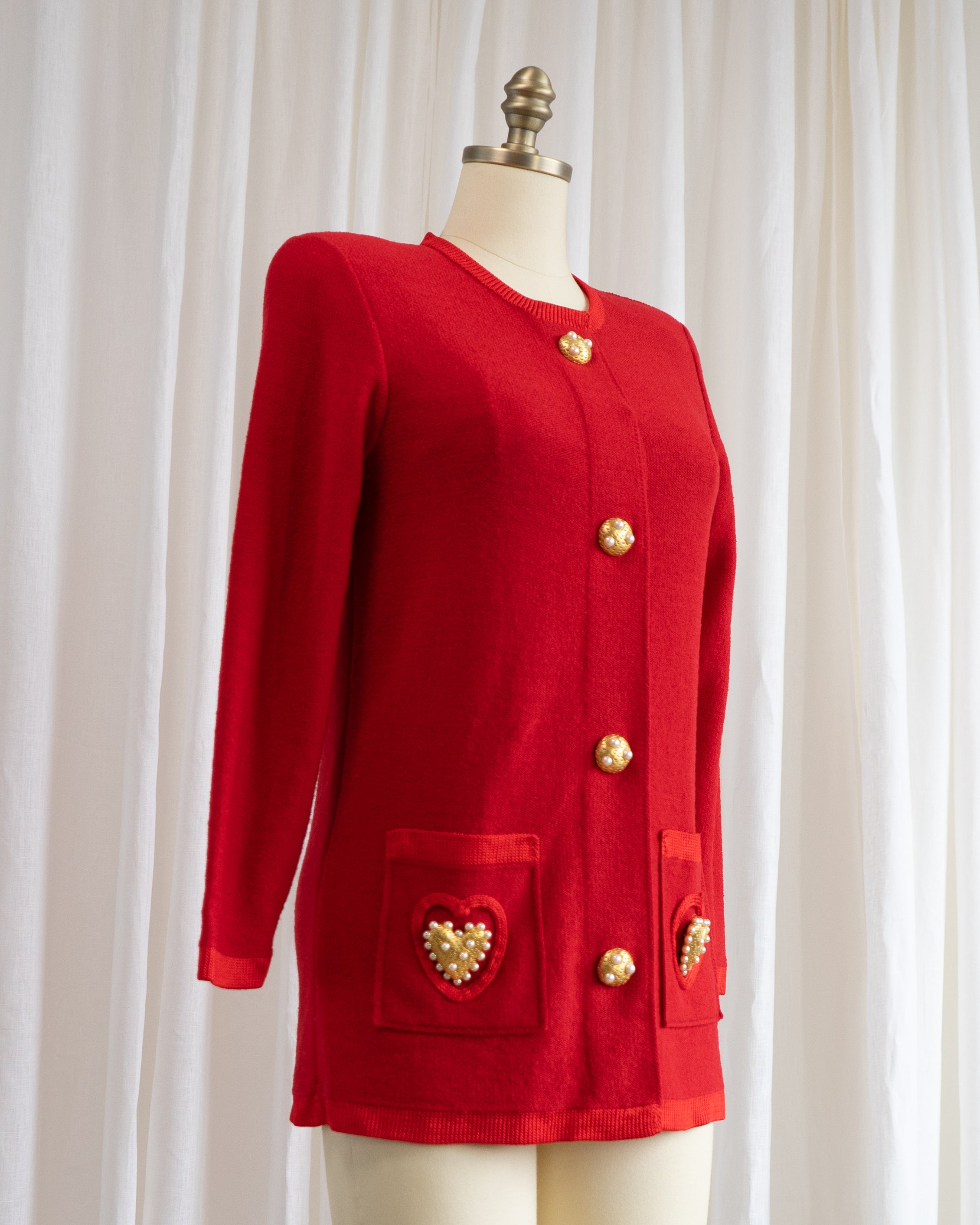 1980s Red Cardigan with Large Gold & Pearl Heart Buttons