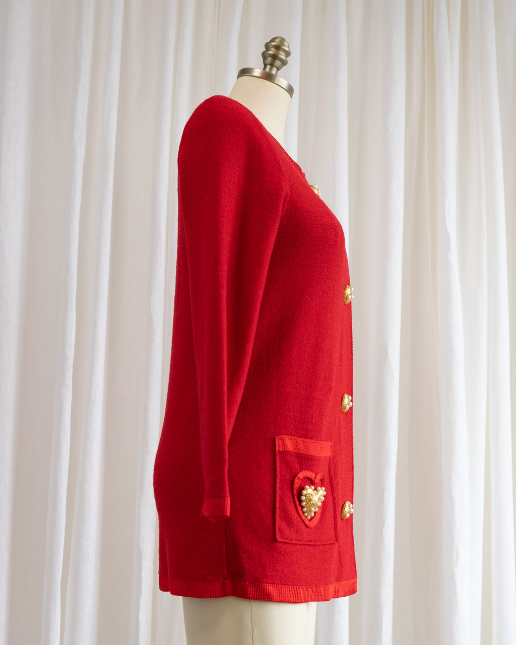 1980s Red Cardigan with Large Gold & Pearl Heart Buttons