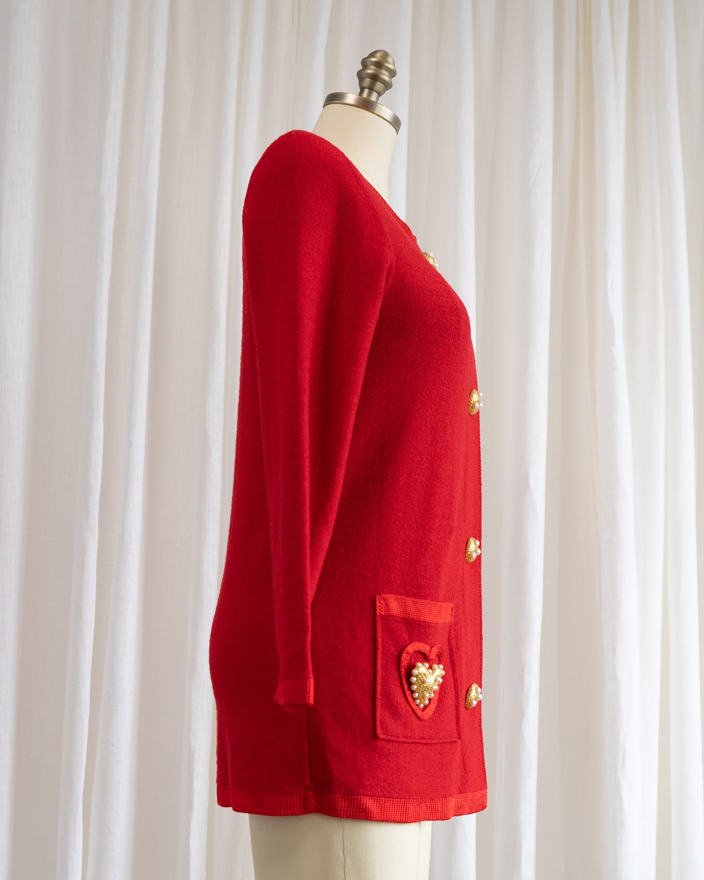 1980s Red Cardigan with Large Gold & Pearl Heart Buttons