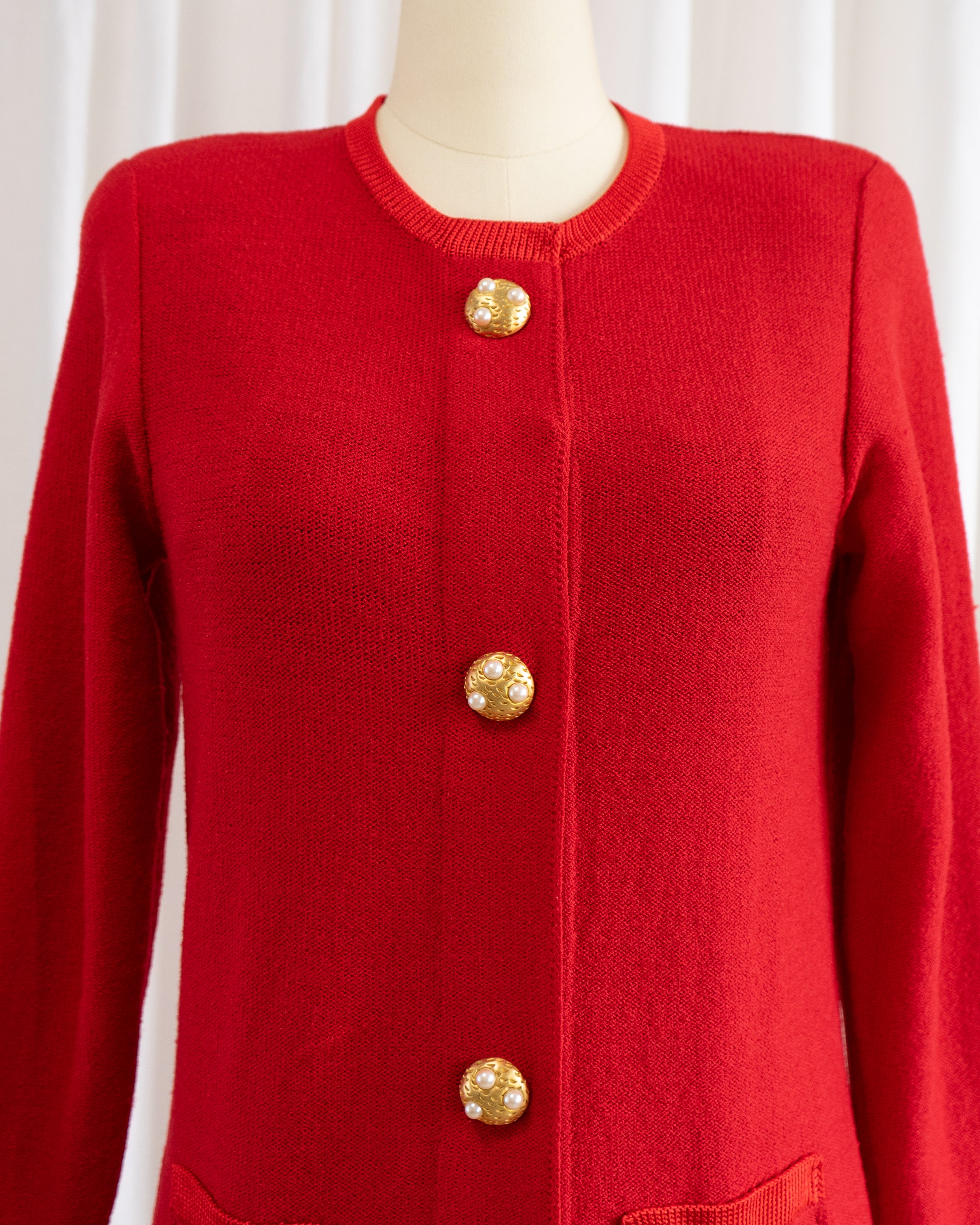 1980s Red Cardigan with Large Gold & Pearl Heart Buttons