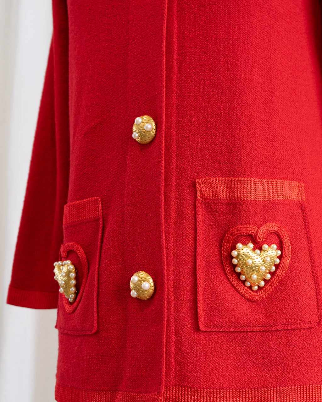 1980s Red Cardigan with Large Gold & Pearl Heart Buttons