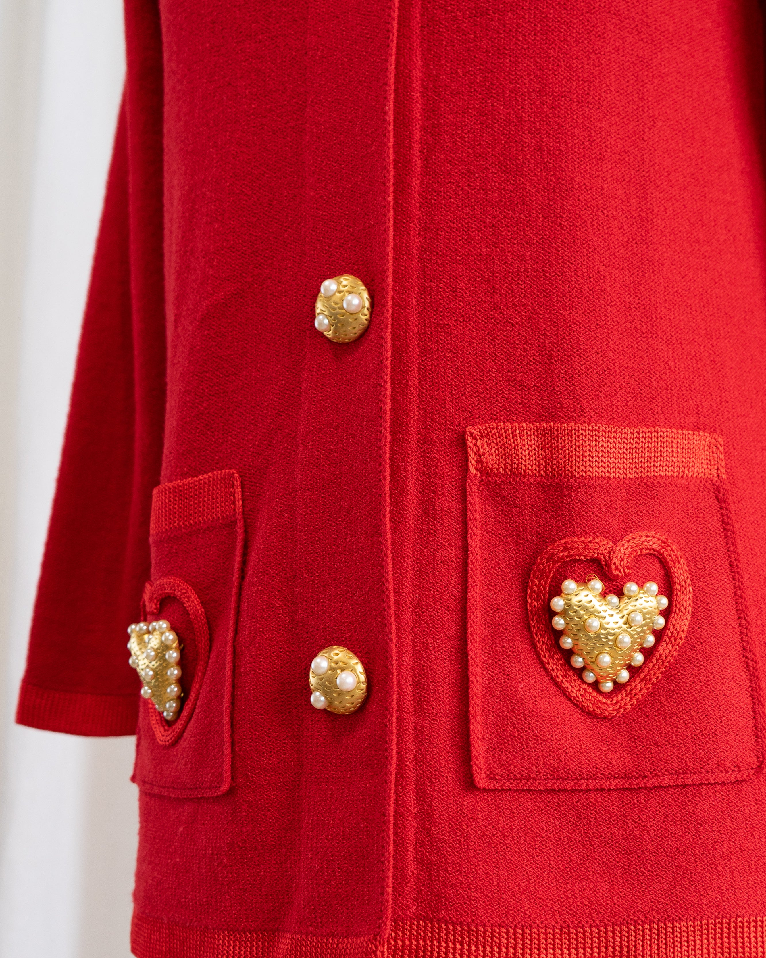 1980s Red Cardigan with Large Gold & Pearl Heart Buttons