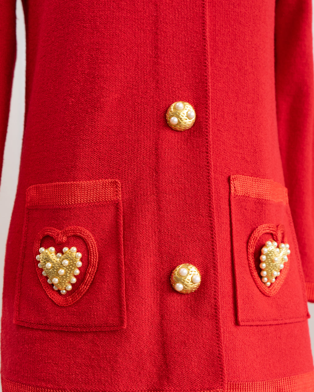 1980s Red Cardigan with Large Gold & Pearl Heart Buttons