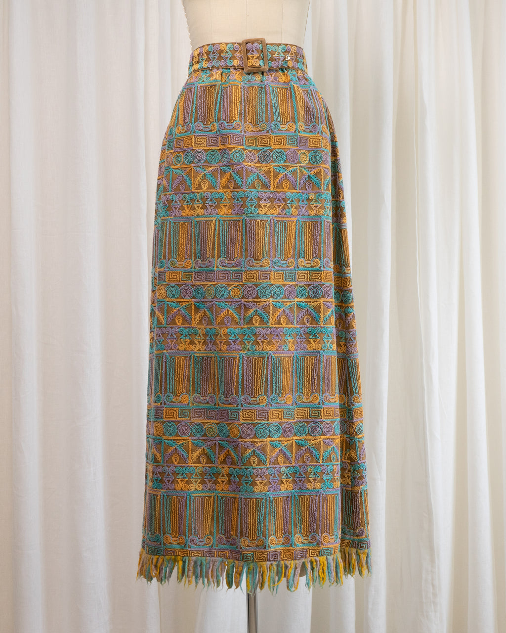 1970s Beverly Paige Embroidered Maxi Skirt with Belt