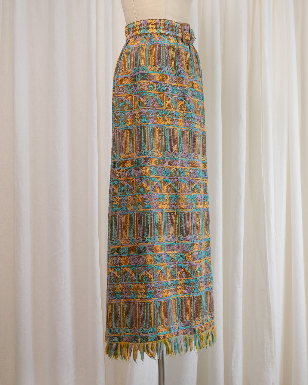 1970s Beverly Paige Embroidered Maxi Skirt with Belt