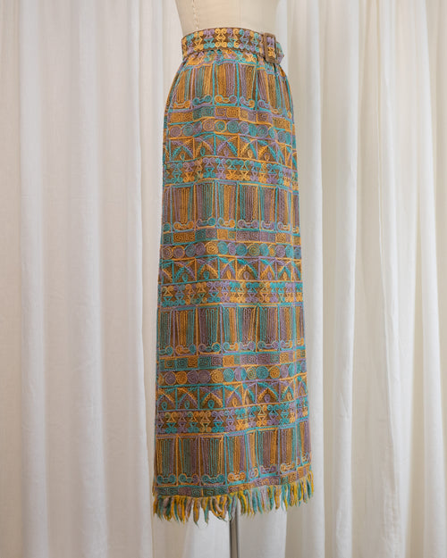 1970s Beverly Paige Embroidered Maxi Skirt with Belt