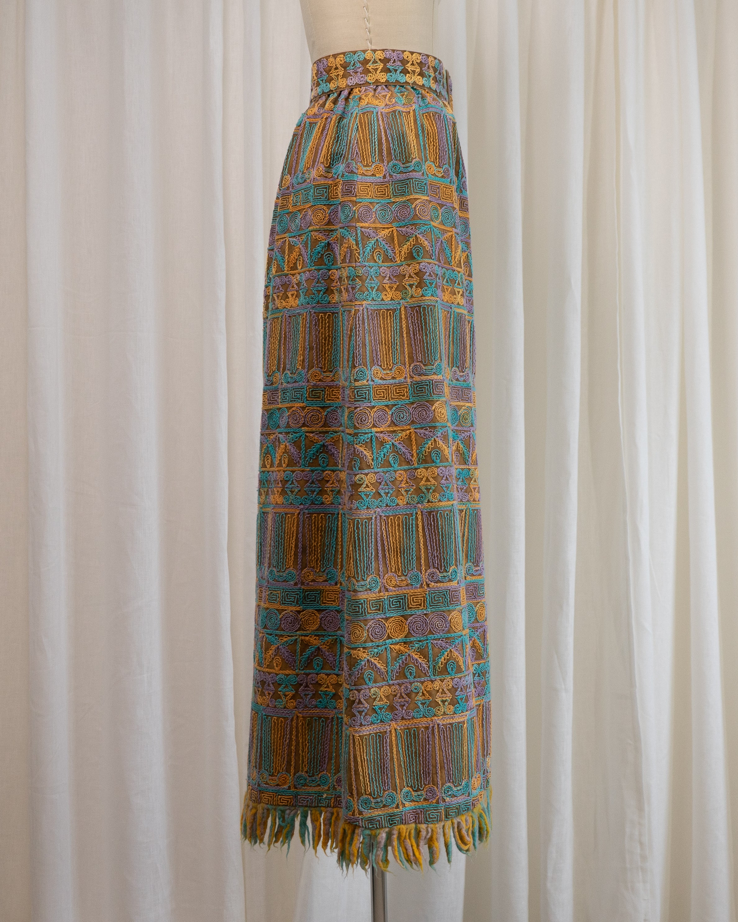 1970s Beverly Paige Embroidered Maxi Skirt with Belt