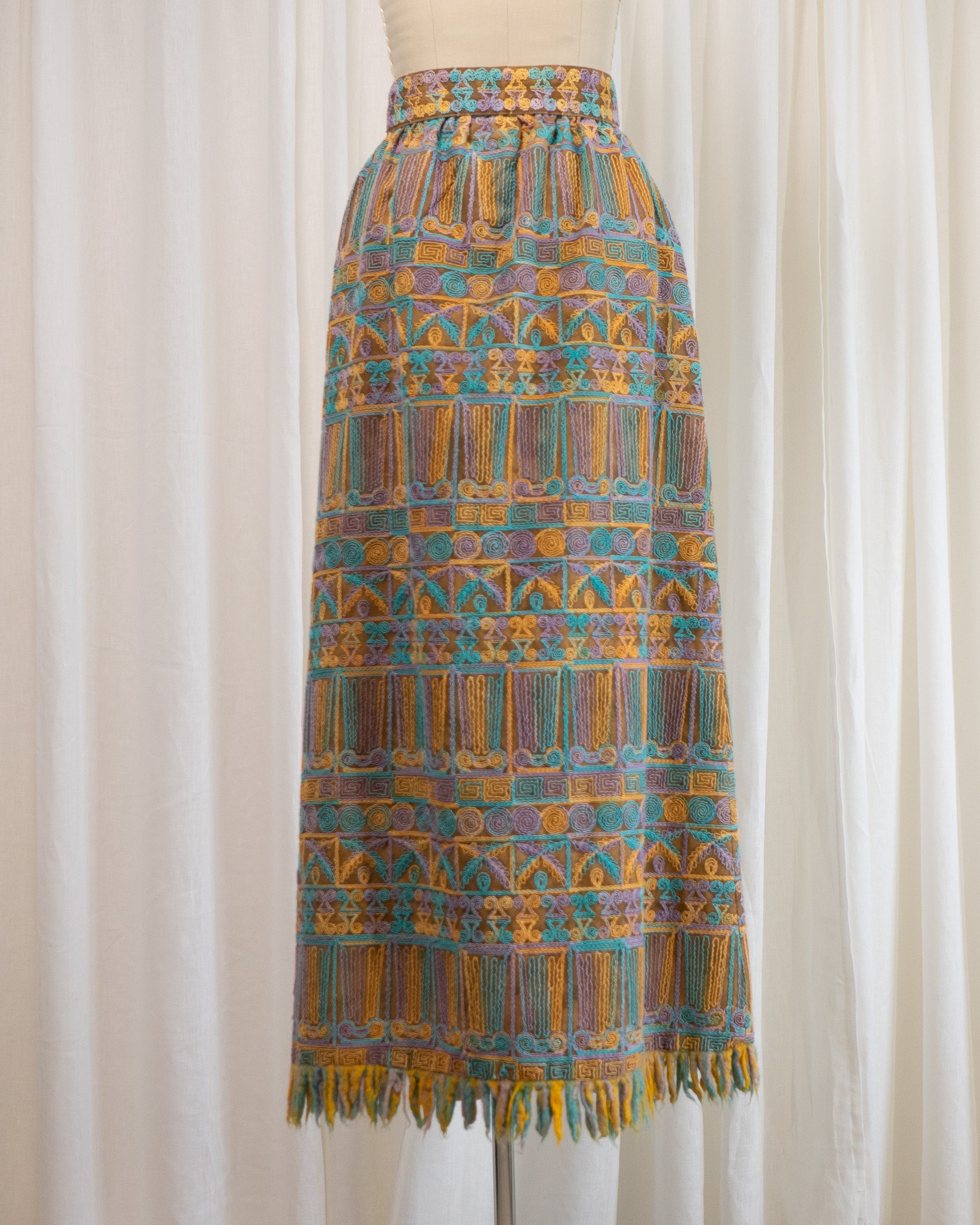 1970s Beverly Paige Embroidered Maxi Skirt with Belt