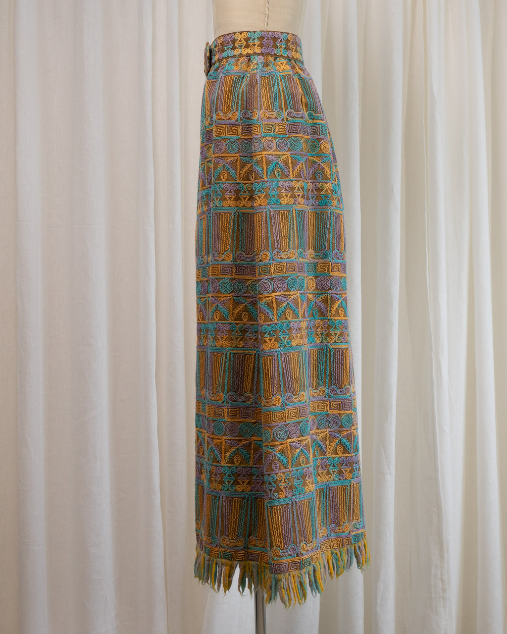 1970s Beverly Paige Embroidered Maxi Skirt with Belt