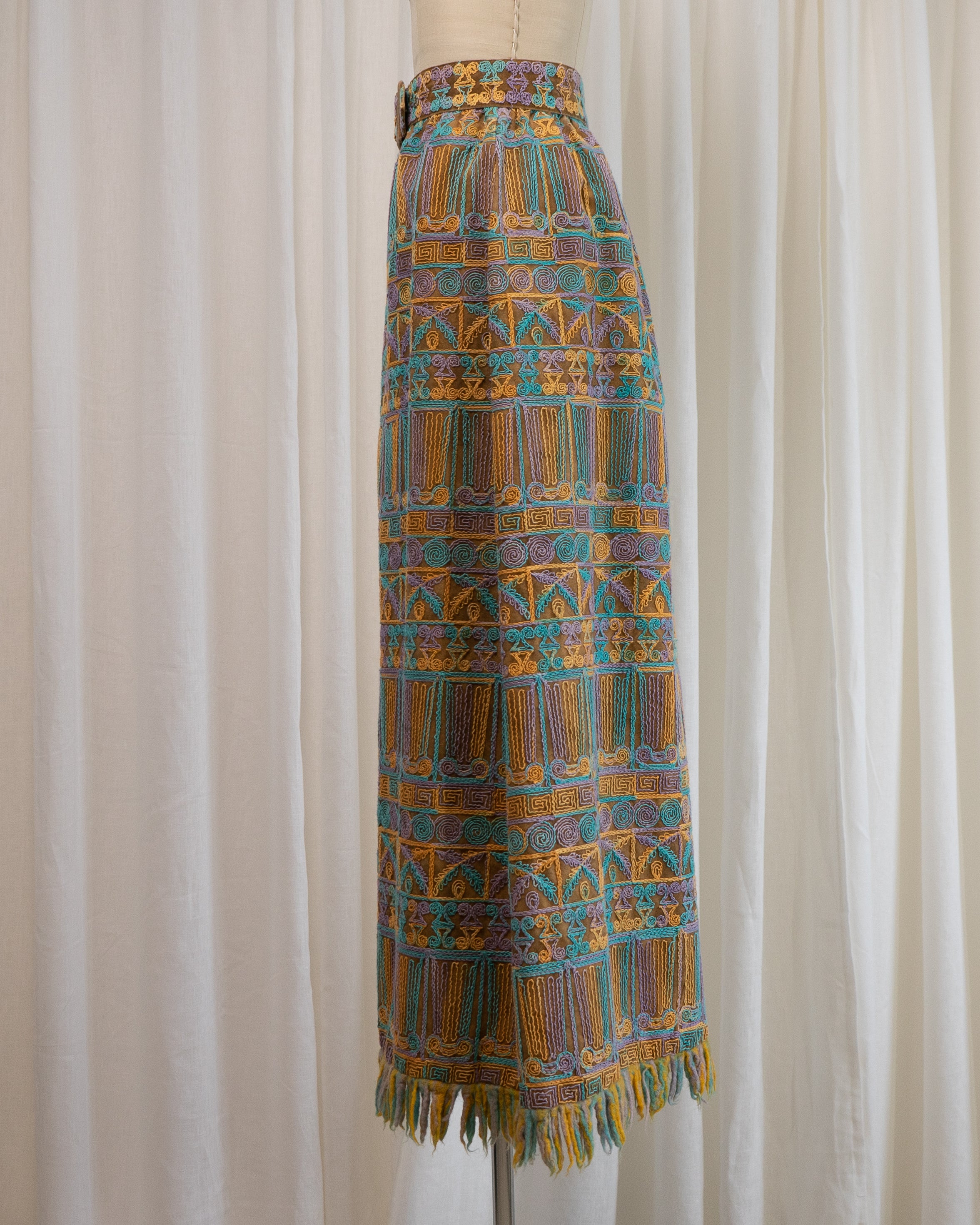 1970s Beverly Paige Embroidered Maxi Skirt with Belt