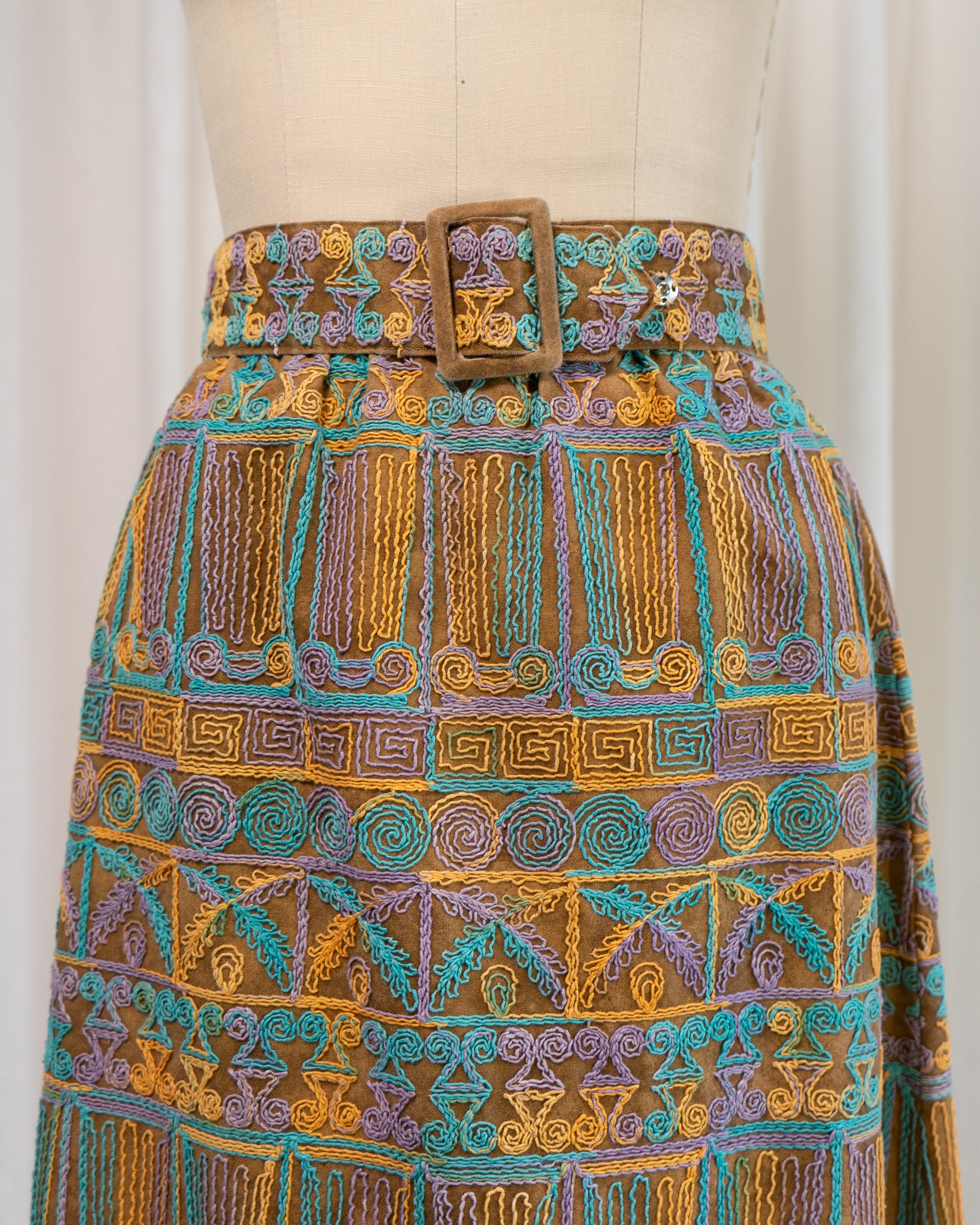 1970s Beverly Paige Embroidered Maxi Skirt with Belt
