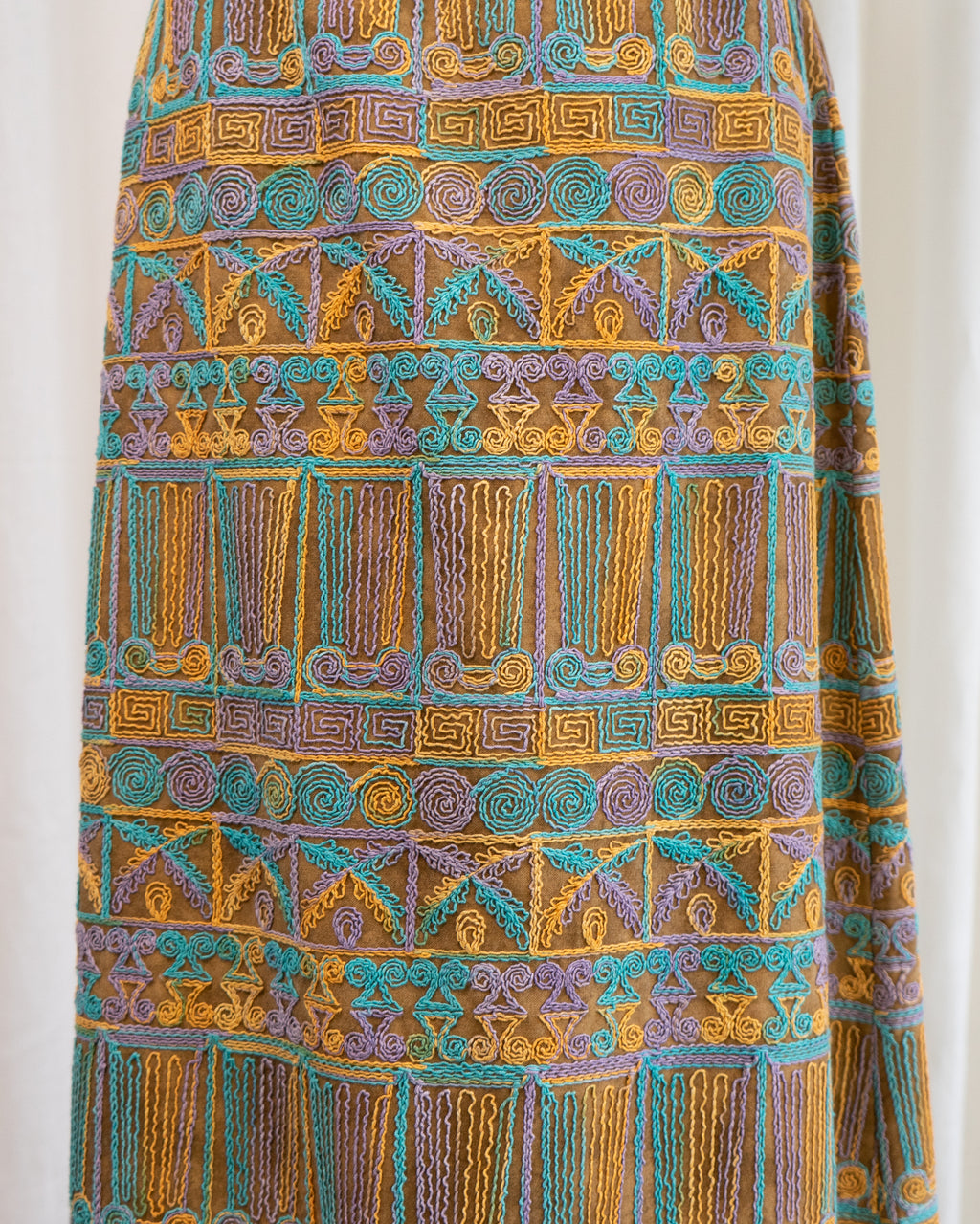 1970s Beverly Paige Embroidered Maxi Skirt with Belt