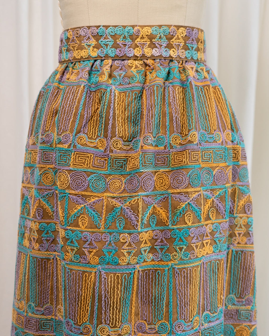 1970s Beverly Paige Embroidered Maxi Skirt with Belt