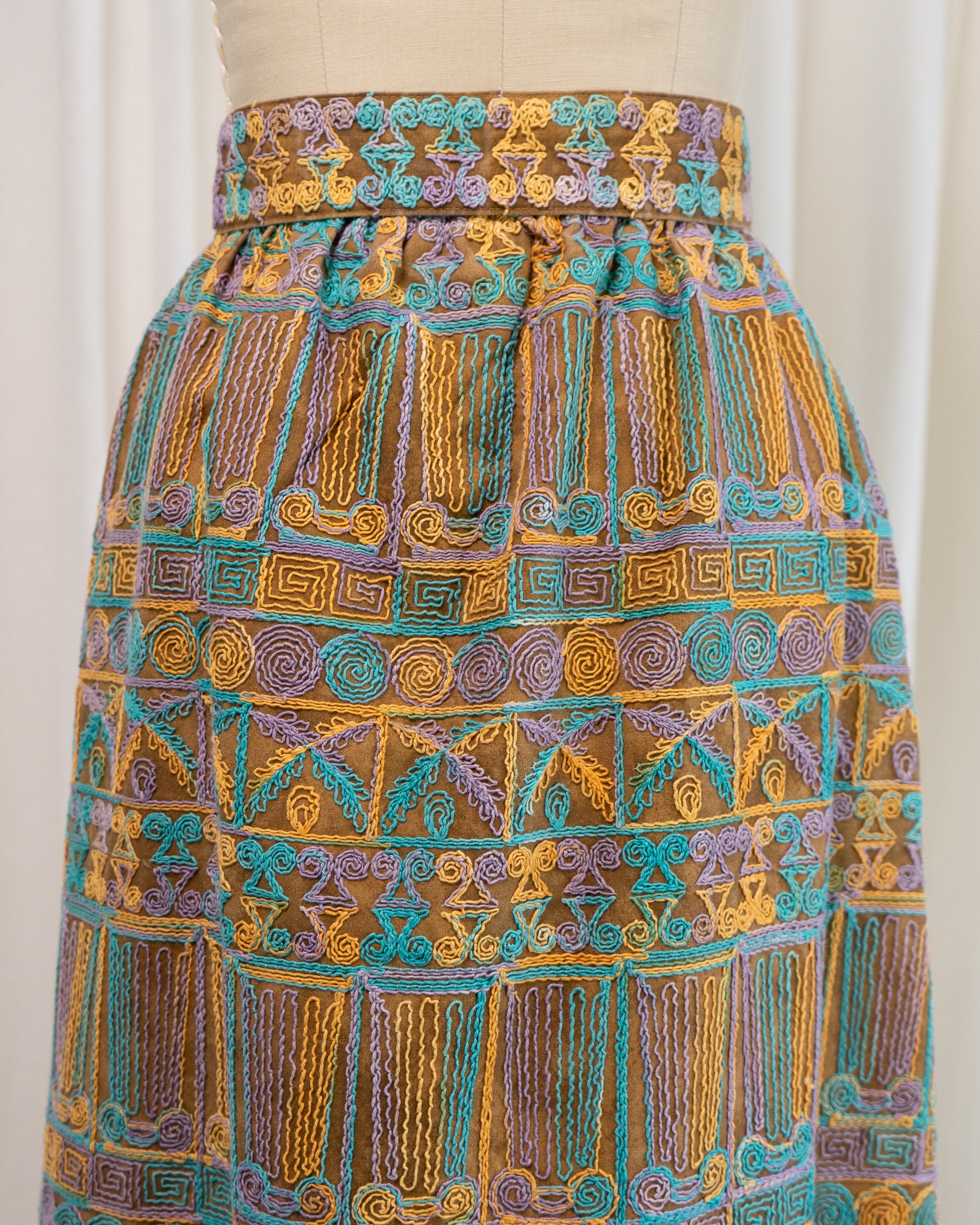 1970s Beverly Paige Embroidered Maxi Skirt with Belt