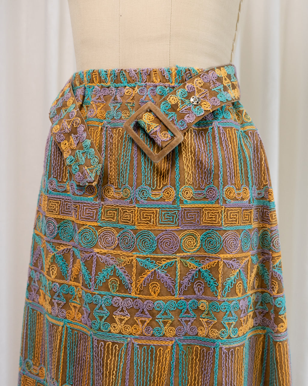 1970s Beverly Paige Embroidered Maxi Skirt with Belt
