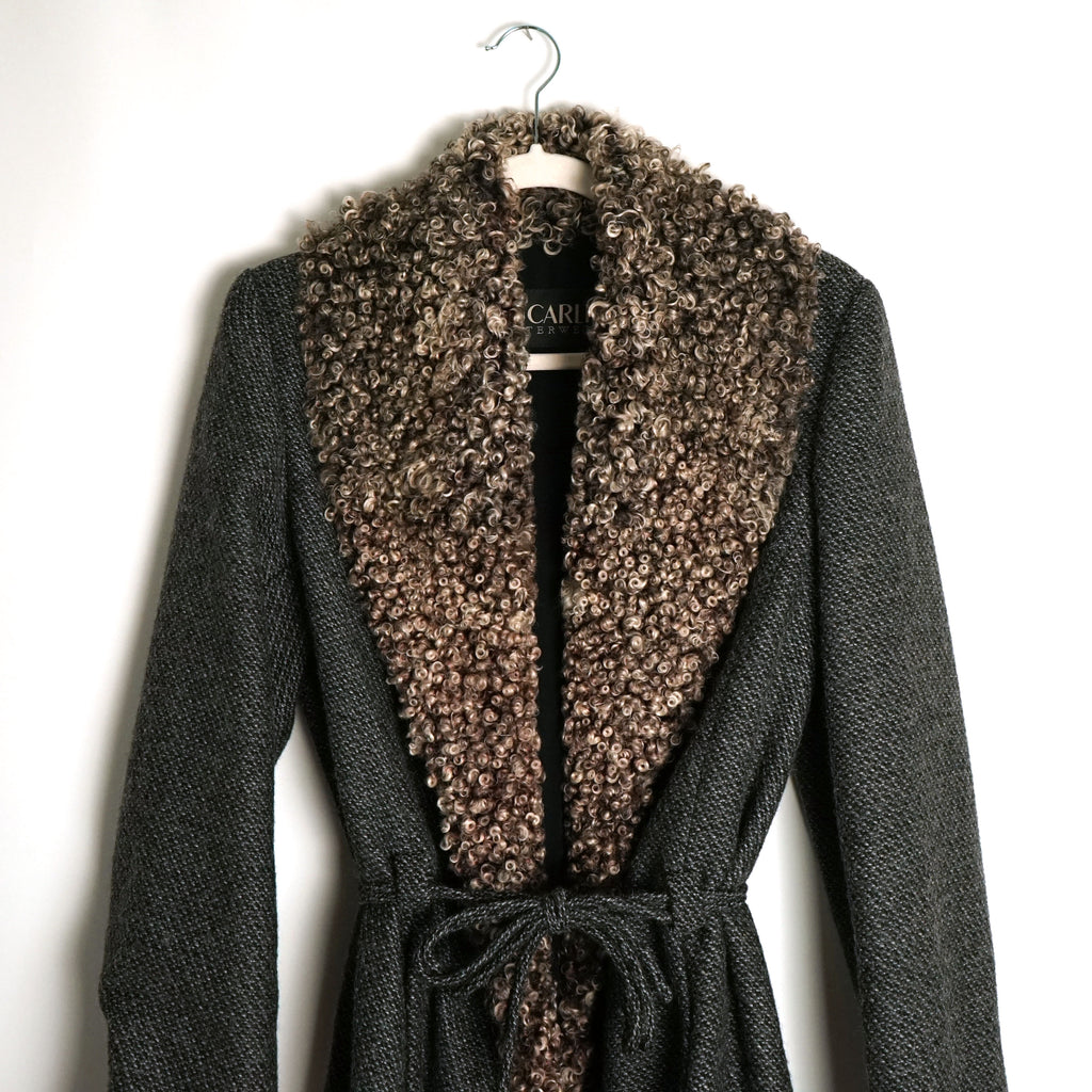 90s Italian Wool Coat w Swedish Sheepskin Collar & Trim