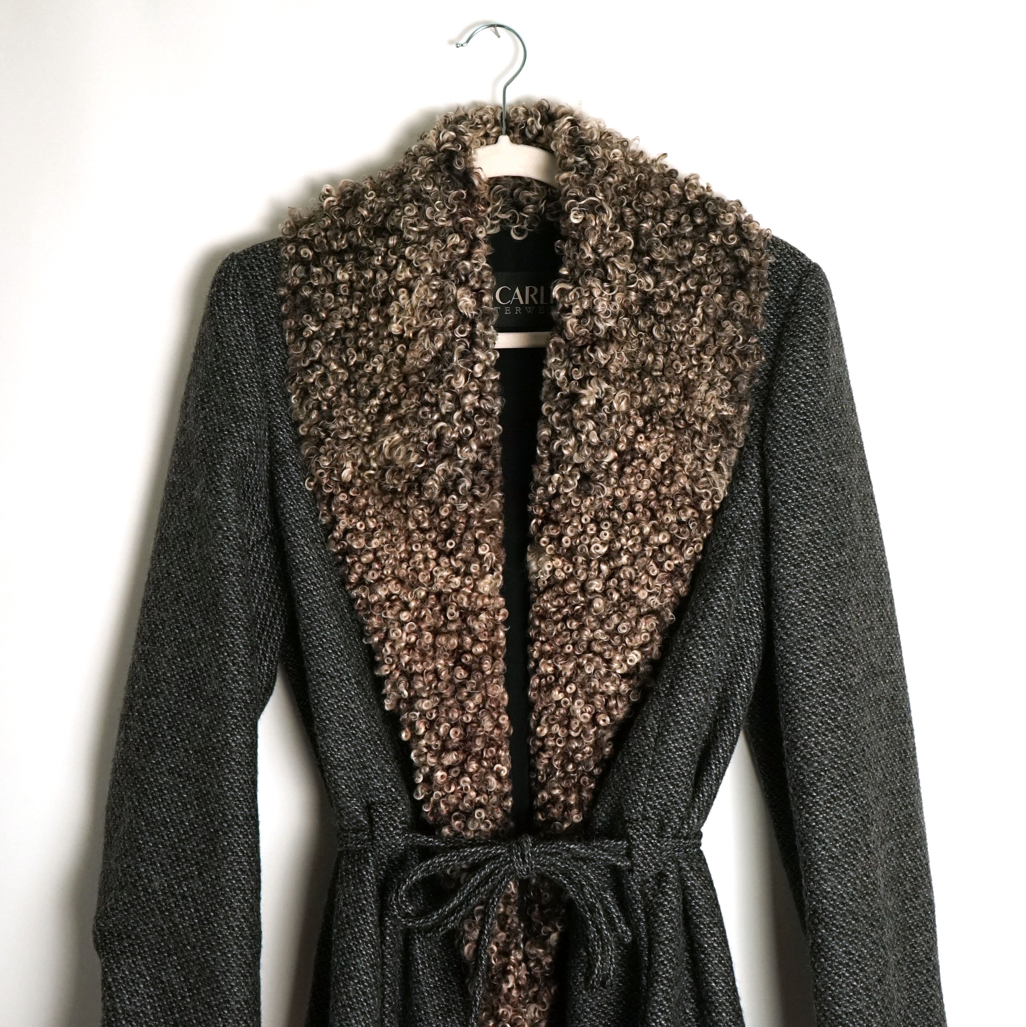 90s Italian Wool Coat w Swedish Sheepskin Collar & Trim