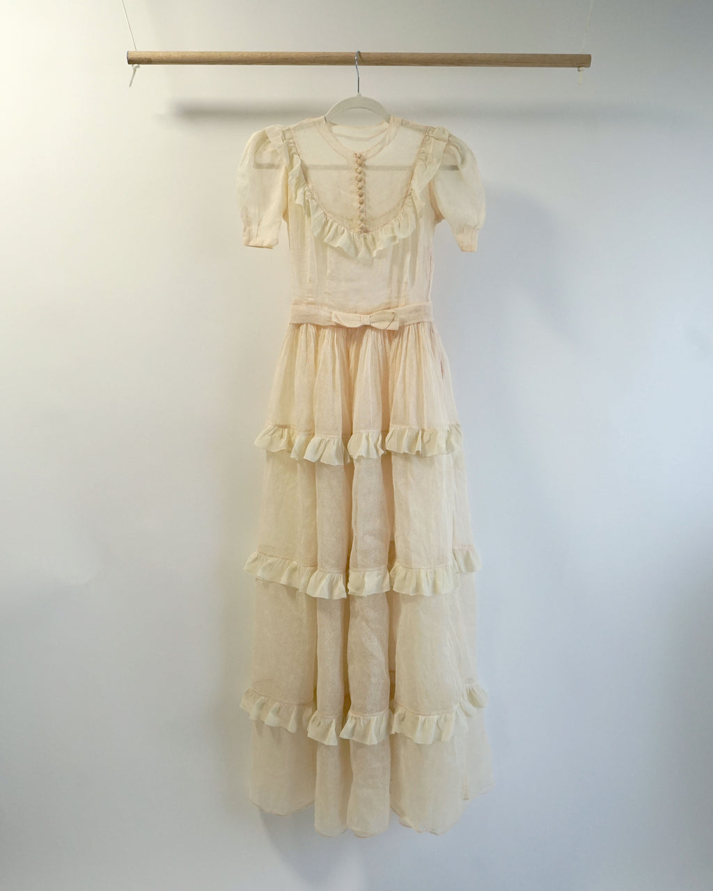 1950s Sheer Micro Print Floral Maxi with Ruffles