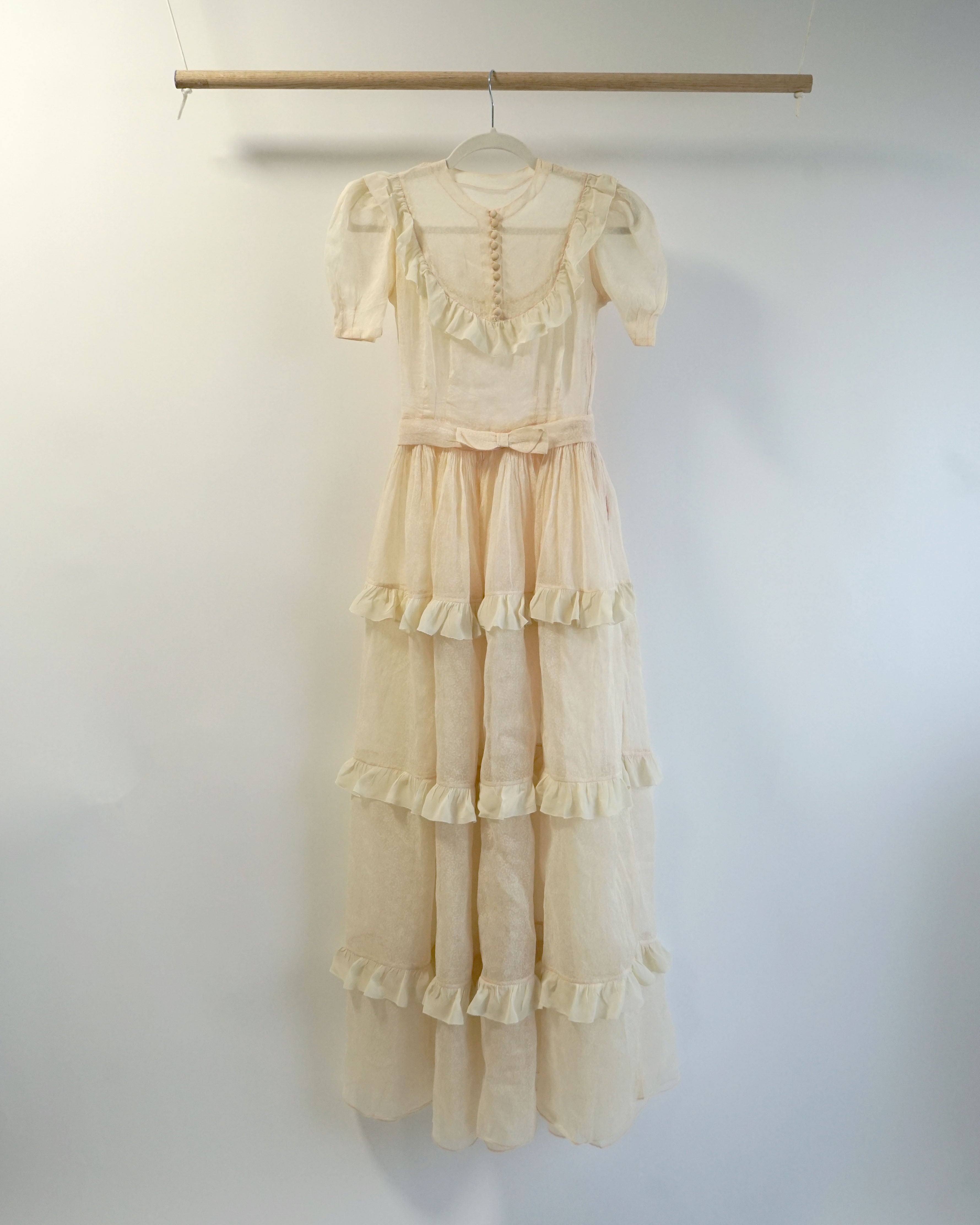 1950s Sheer Micro Print Floral Maxi with Ruffles