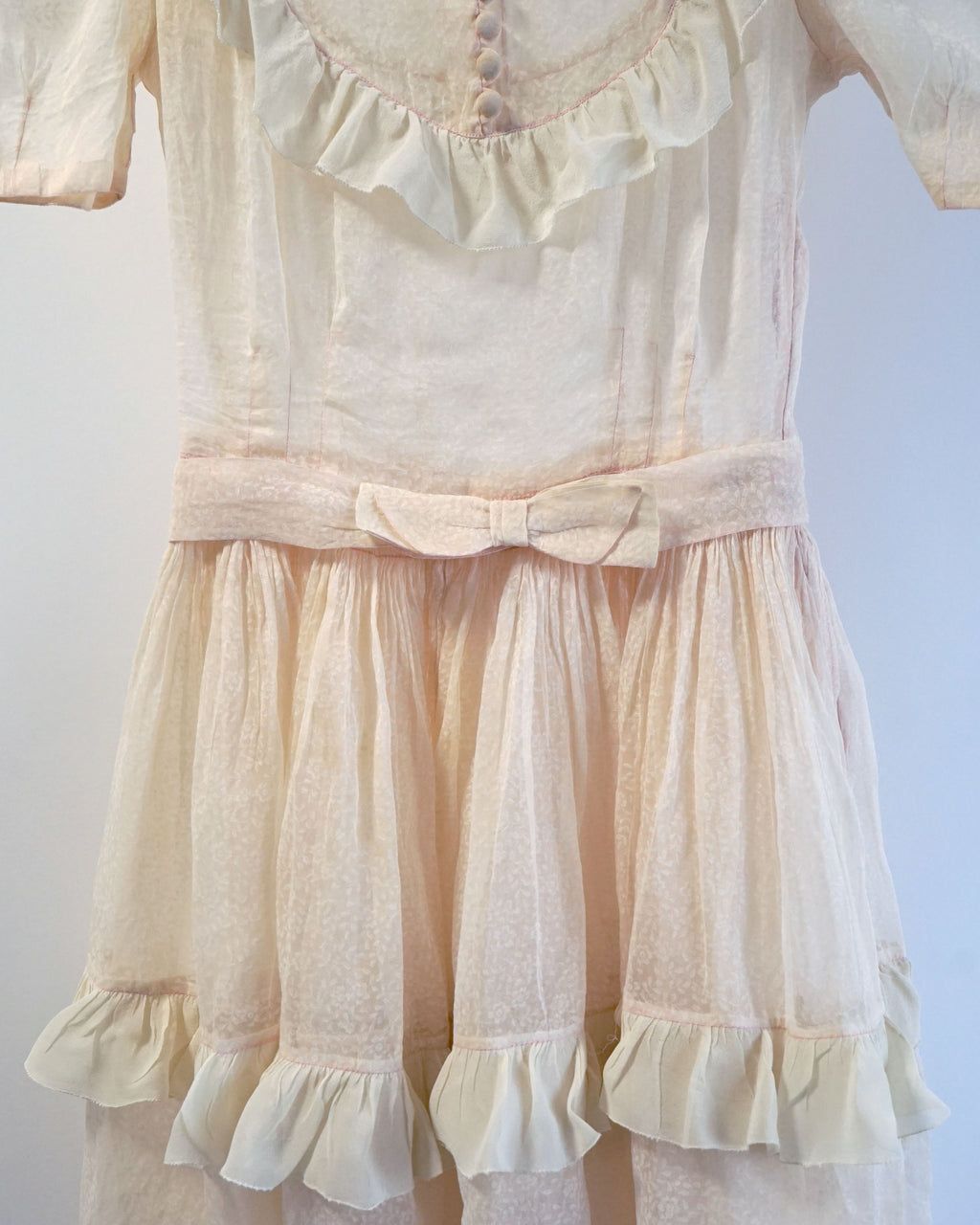 1950s Sheer Micro Print Floral Maxi with Ruffles