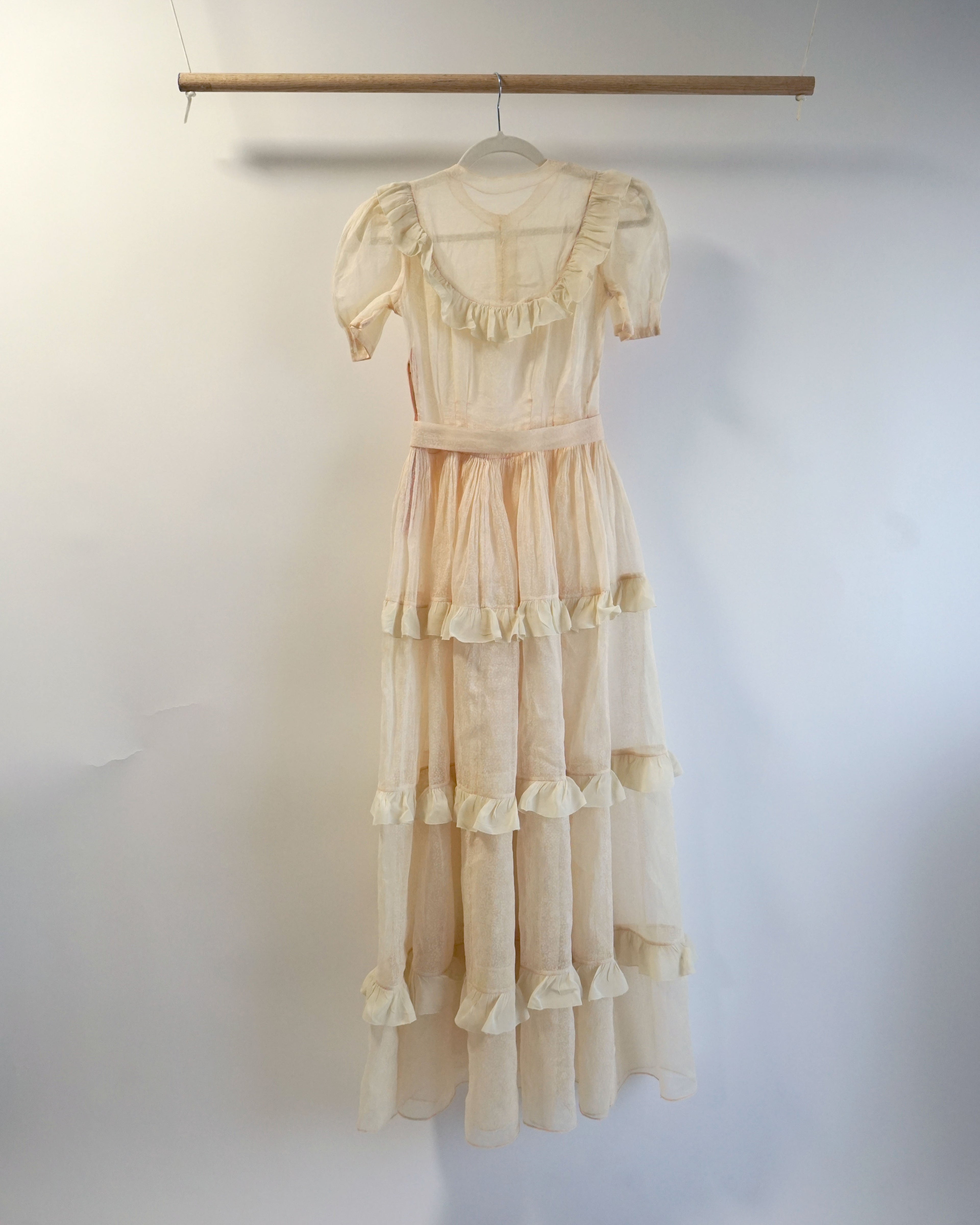 1950s Sheer Micro Print Floral Maxi with Ruffles