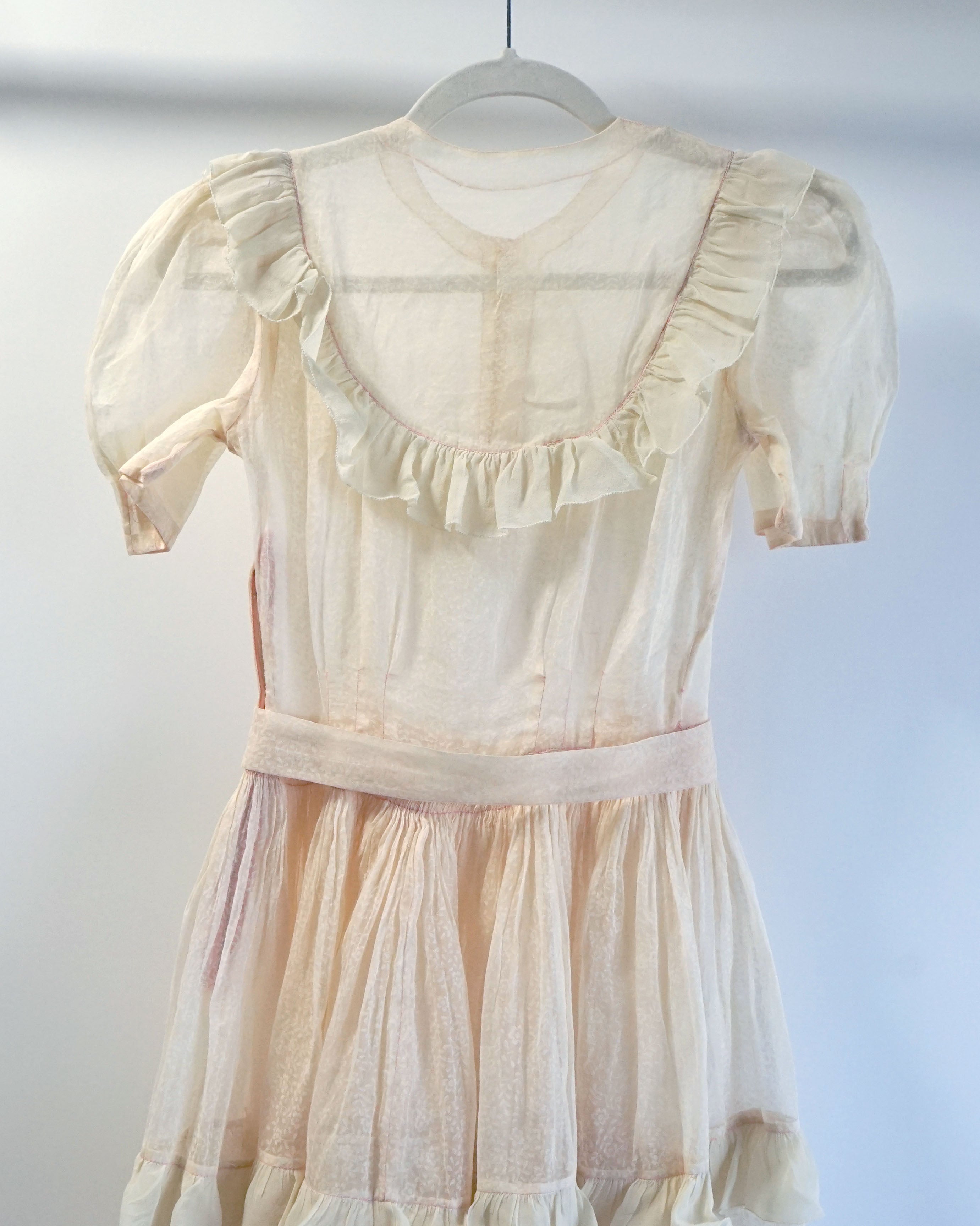 1950s Sheer Micro Print Floral Maxi with Ruffles