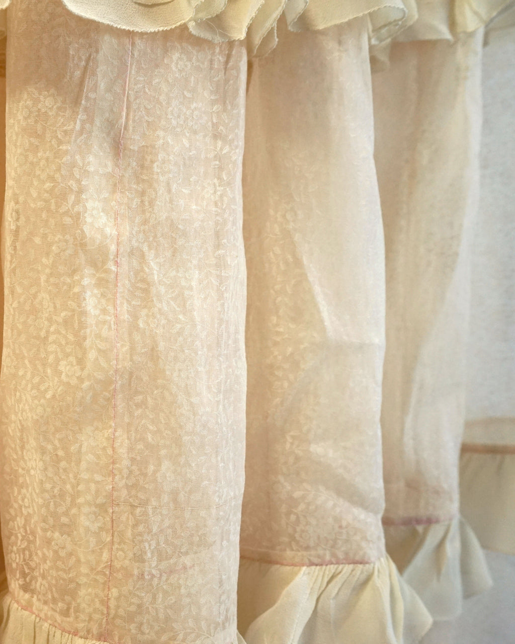 1950s Sheer Micro Print Floral Maxi with Ruffles