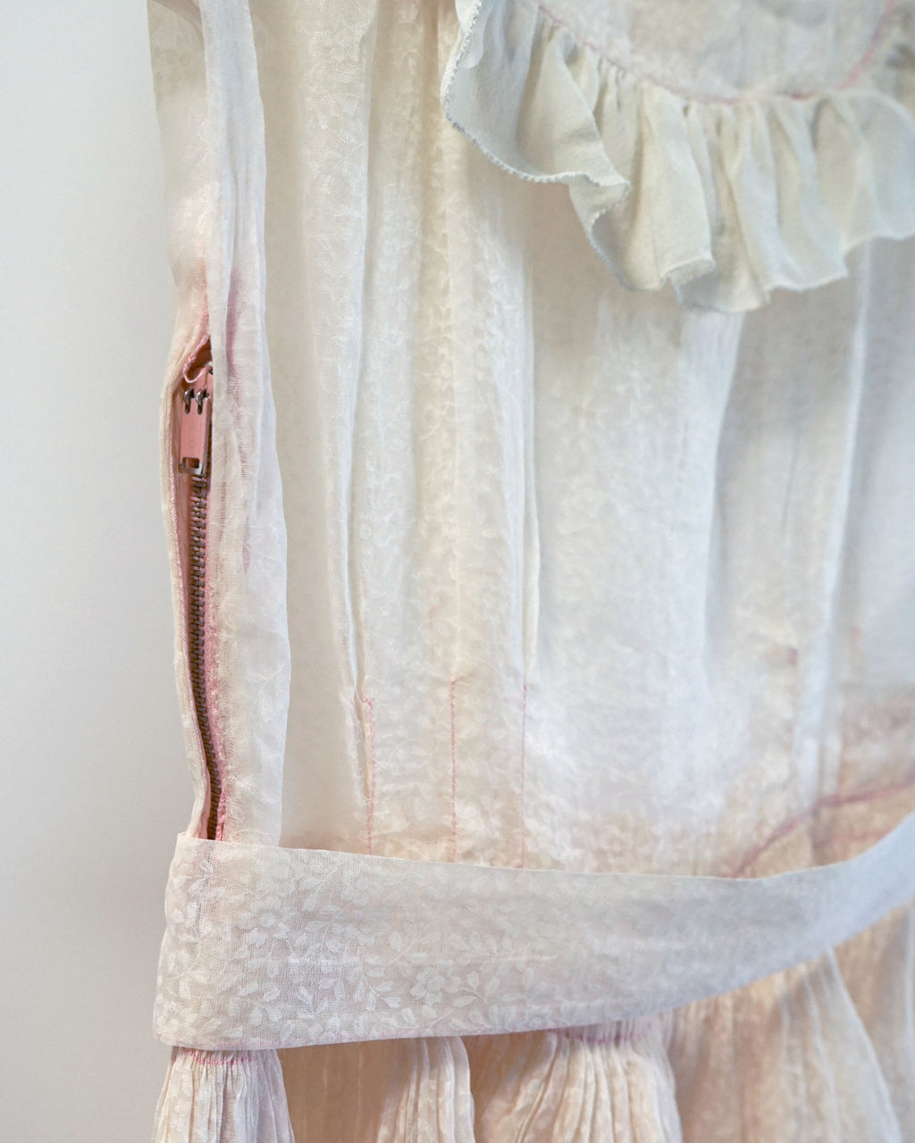 1950s Sheer Micro Print Floral Maxi with Ruffles