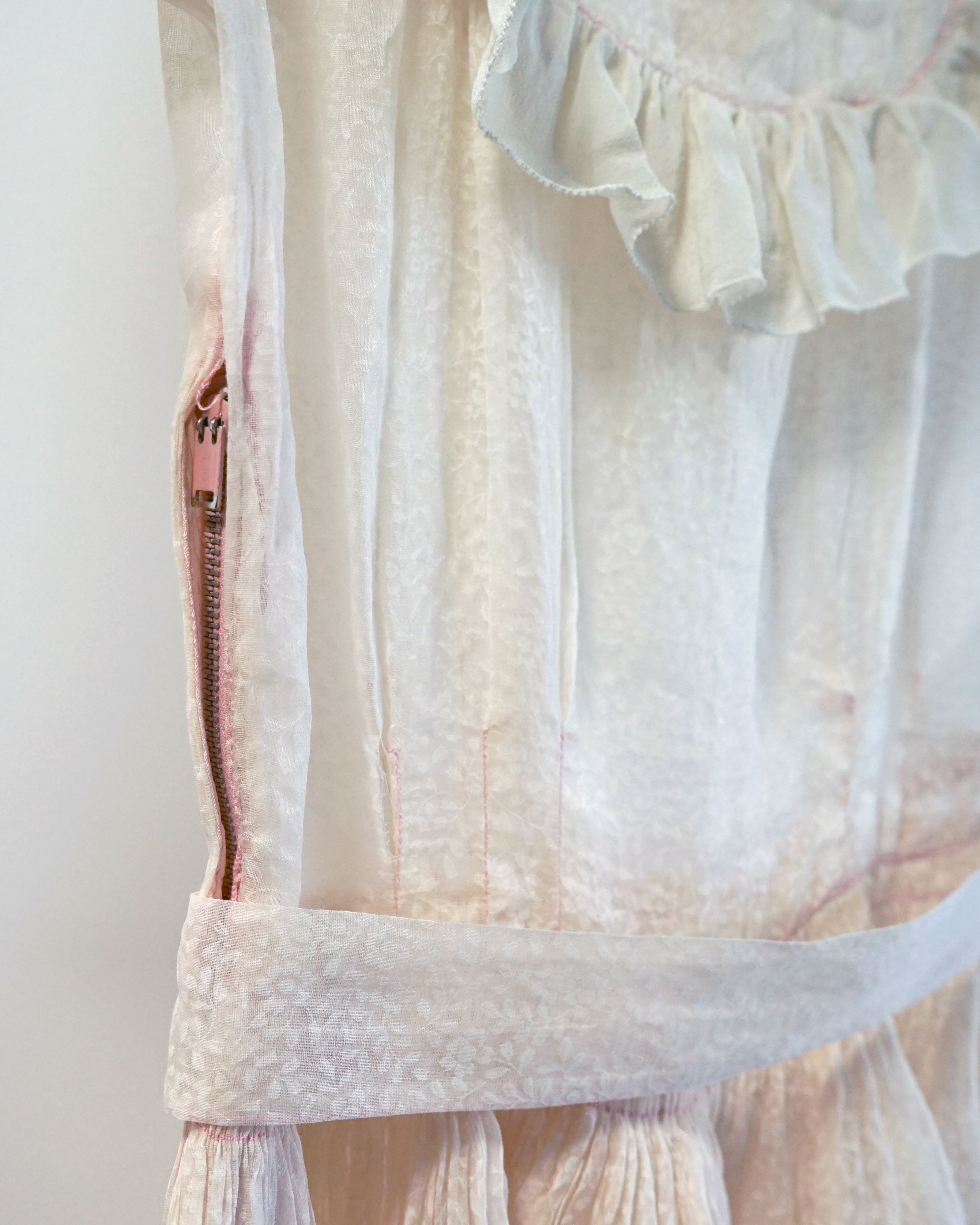 1950s Sheer Micro Print Floral Maxi with Ruffles